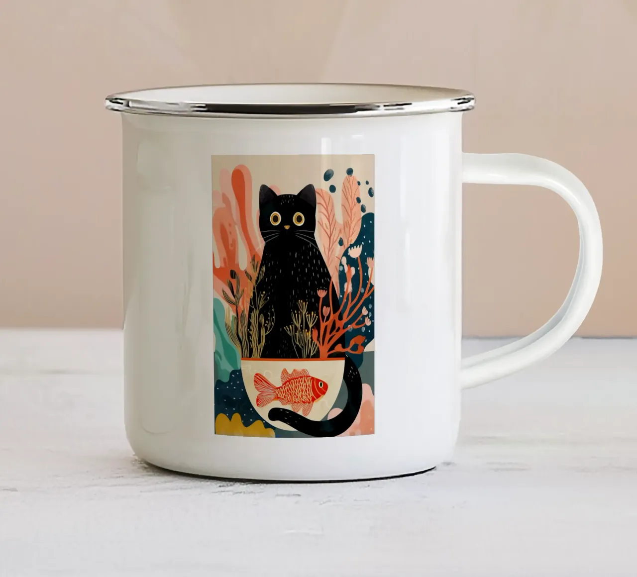 Black Cat and Goldfish tazza in smalto da Luca