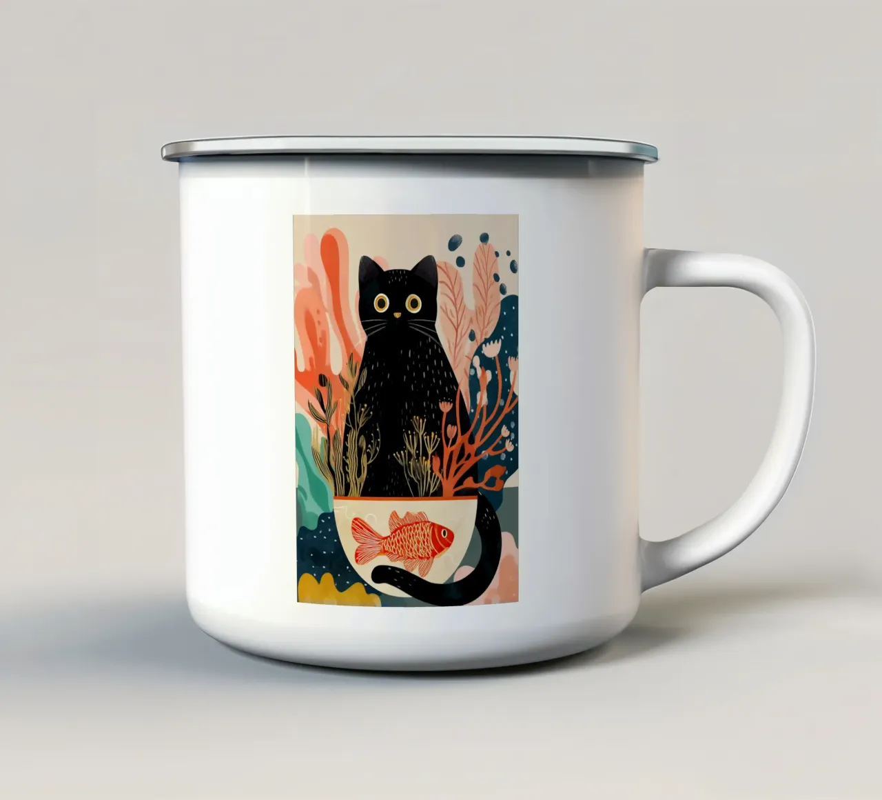 Black Cat and Goldfish tazza in smalto da Luca