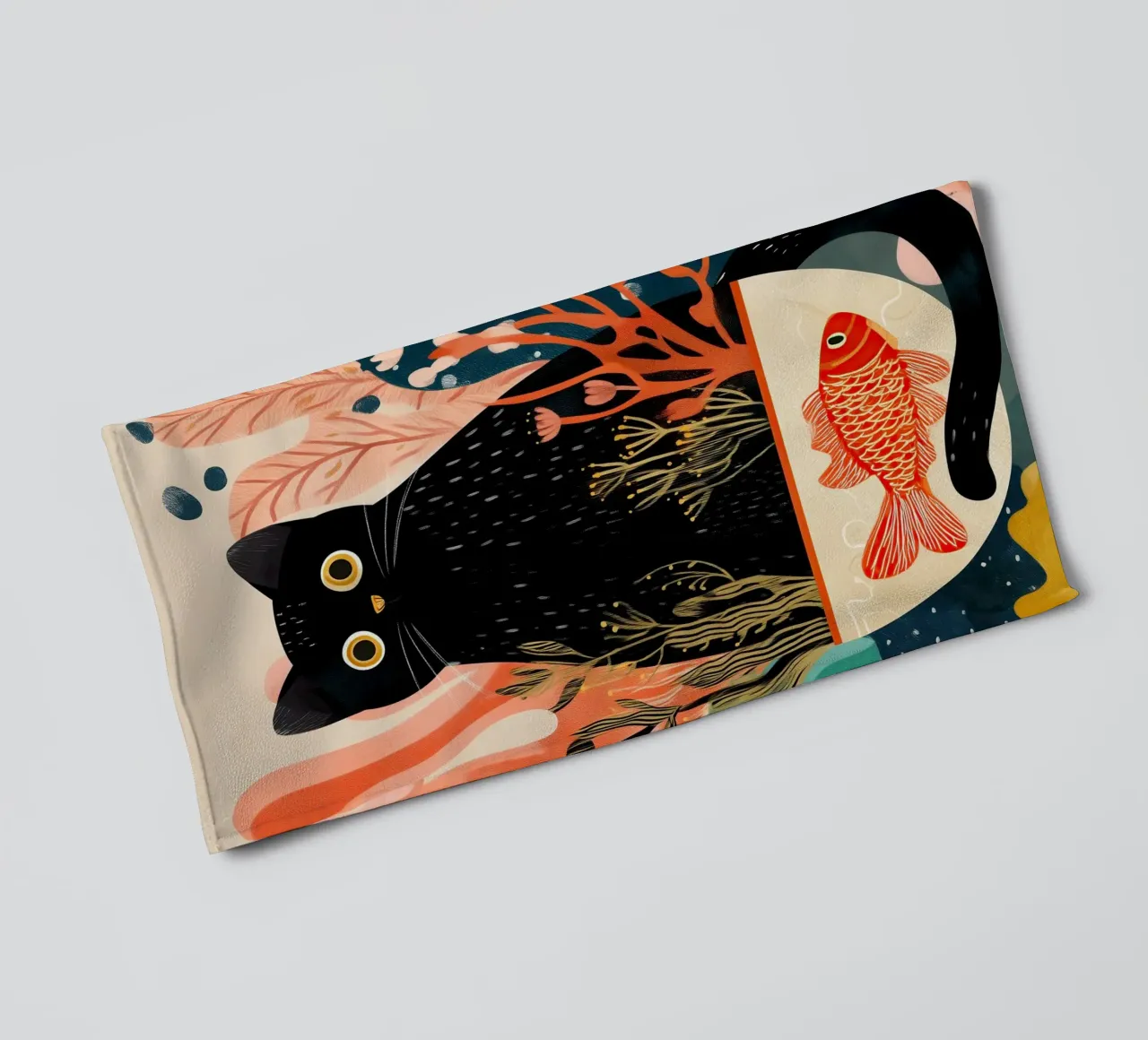 Black Cat and Goldfish towel by Luca