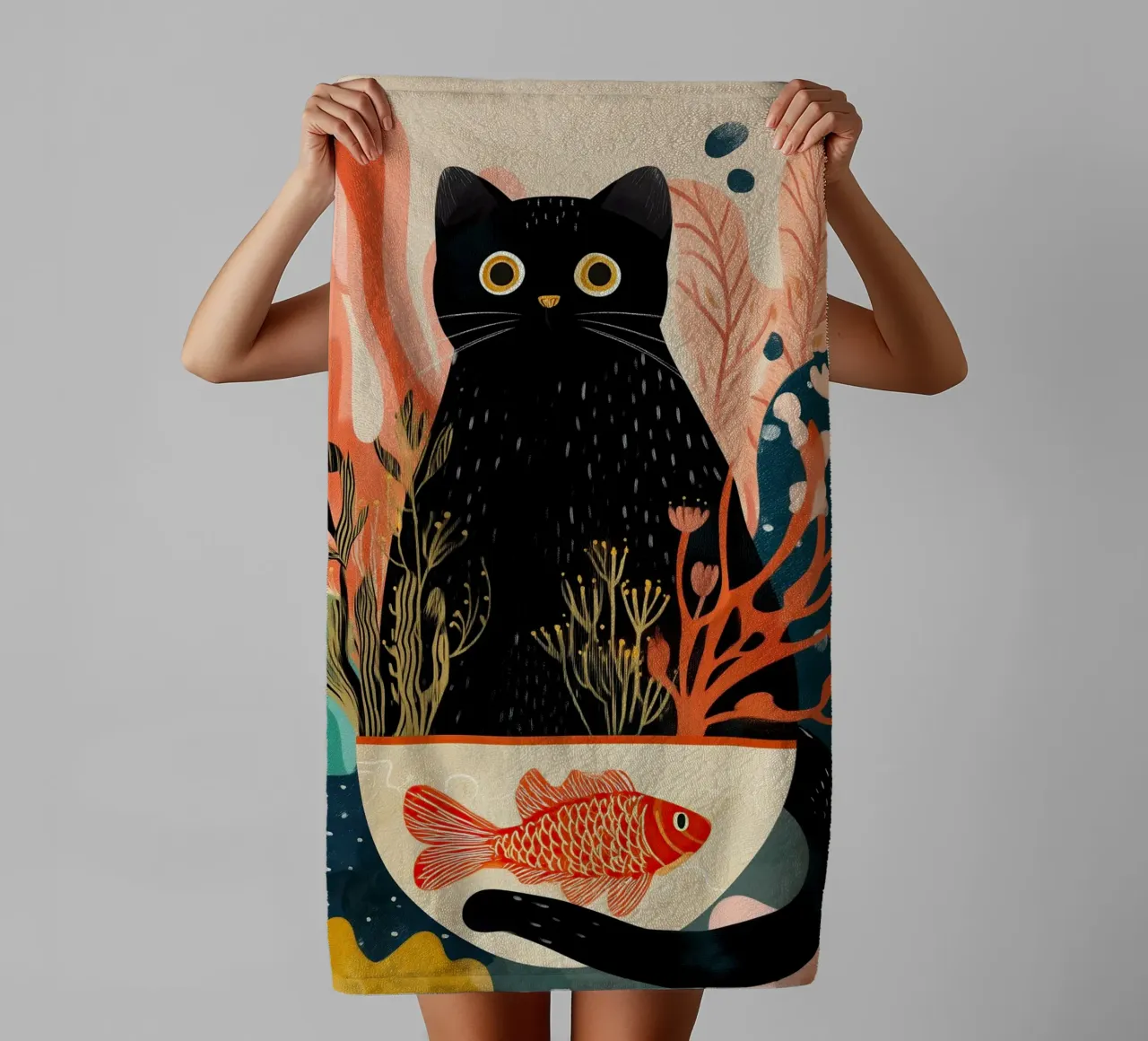 Black Cat and Goldfish towel by Luca