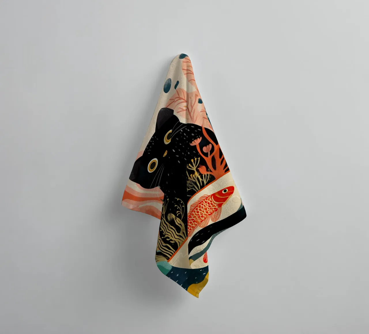 Black Cat and Goldfish towel by Luca