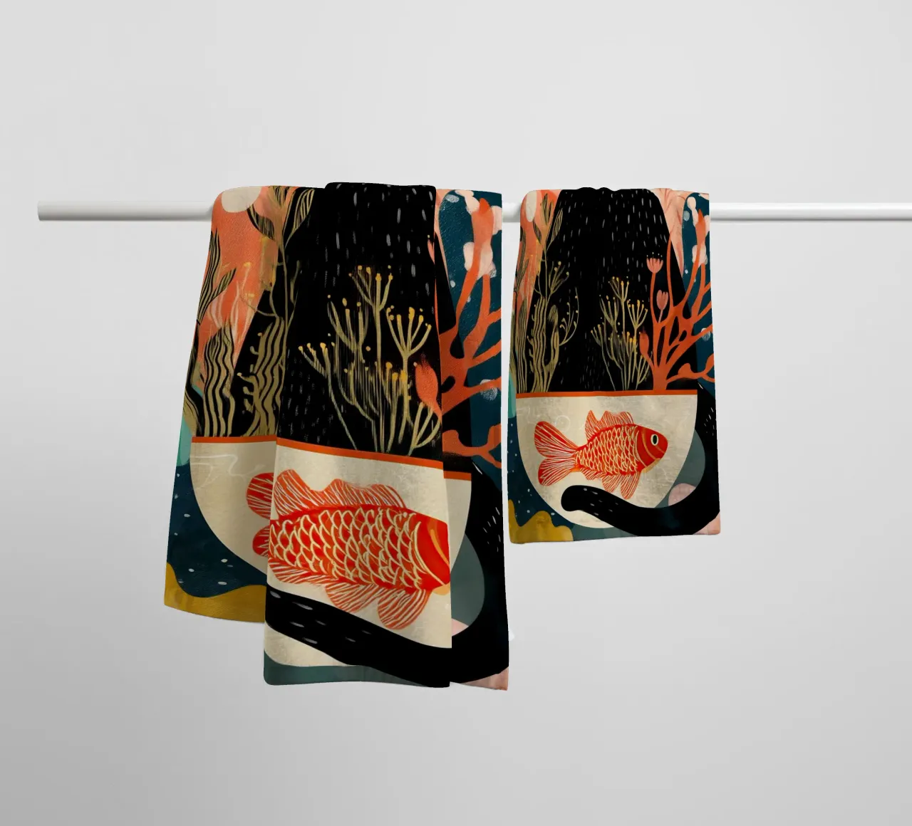 Black Cat and Goldfish towel by Luca