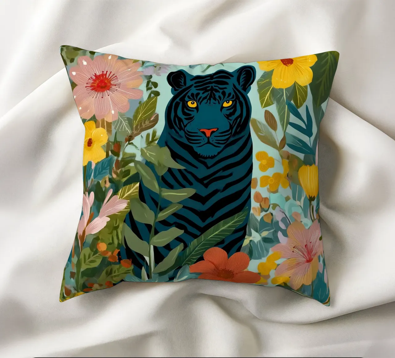Midnight Tiger in Blooming Jungle cuscino da Luca
