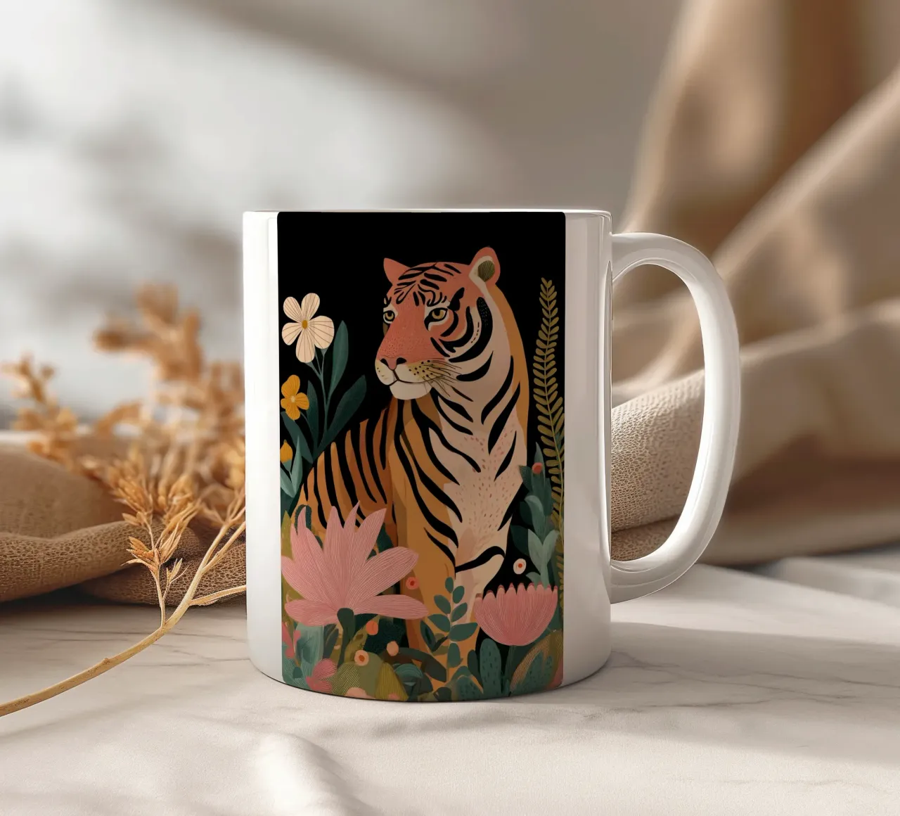 Wild Harmony -Tiger in Flowers tazza in ceramica da Luca