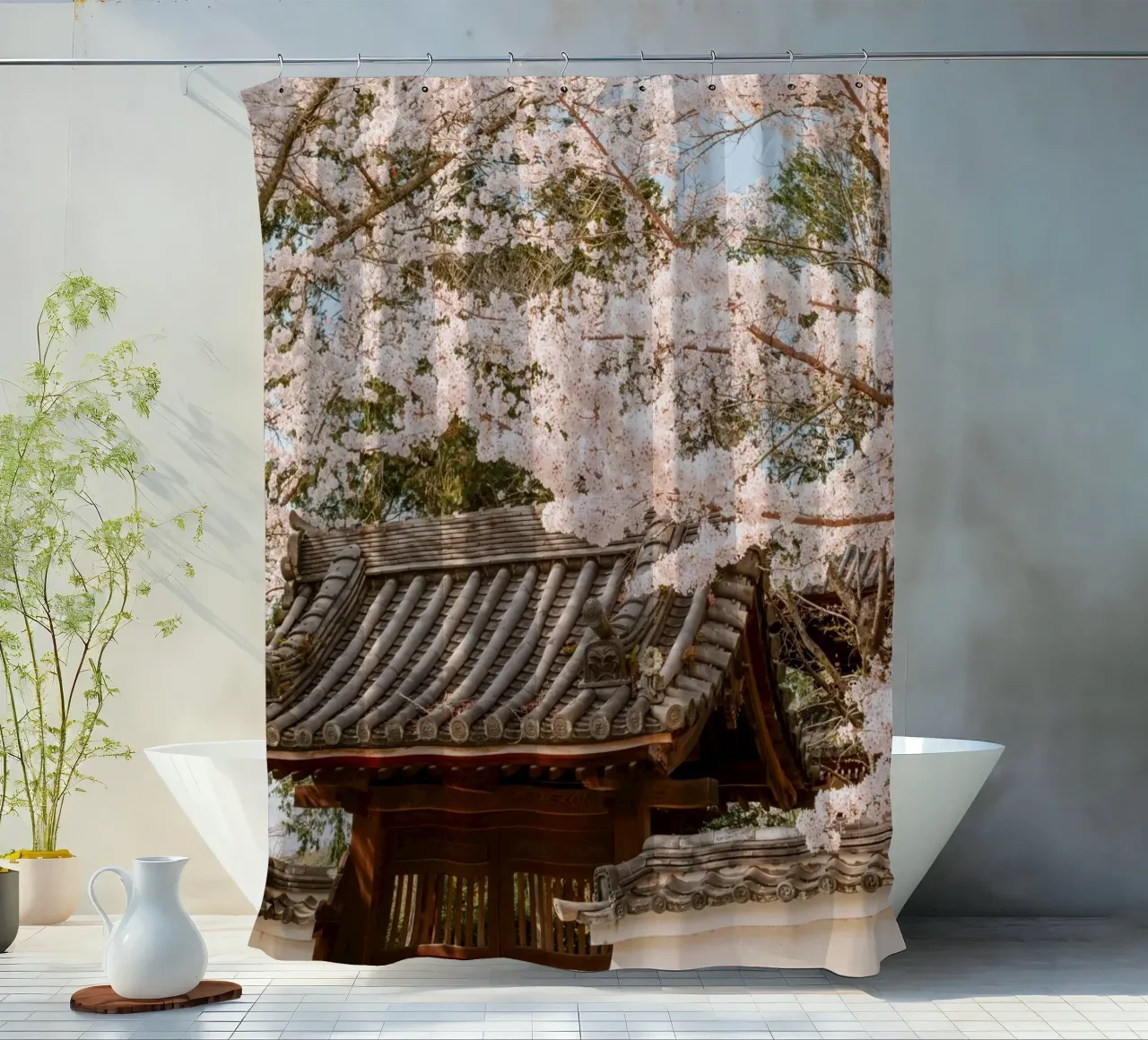 Tetto del tempio dei ciliegi in fiore a Kyoto, Giappone tenda da doccia da mbgraphx2