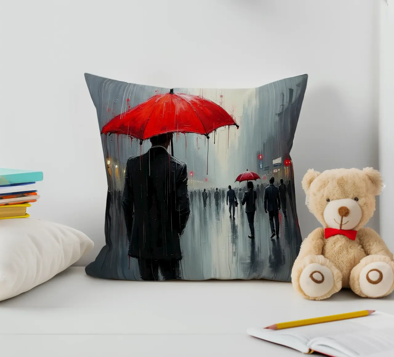 Walk in the rain_ombrello rosso_1 cuscino da Fantasie & Mystikwelten by LK
