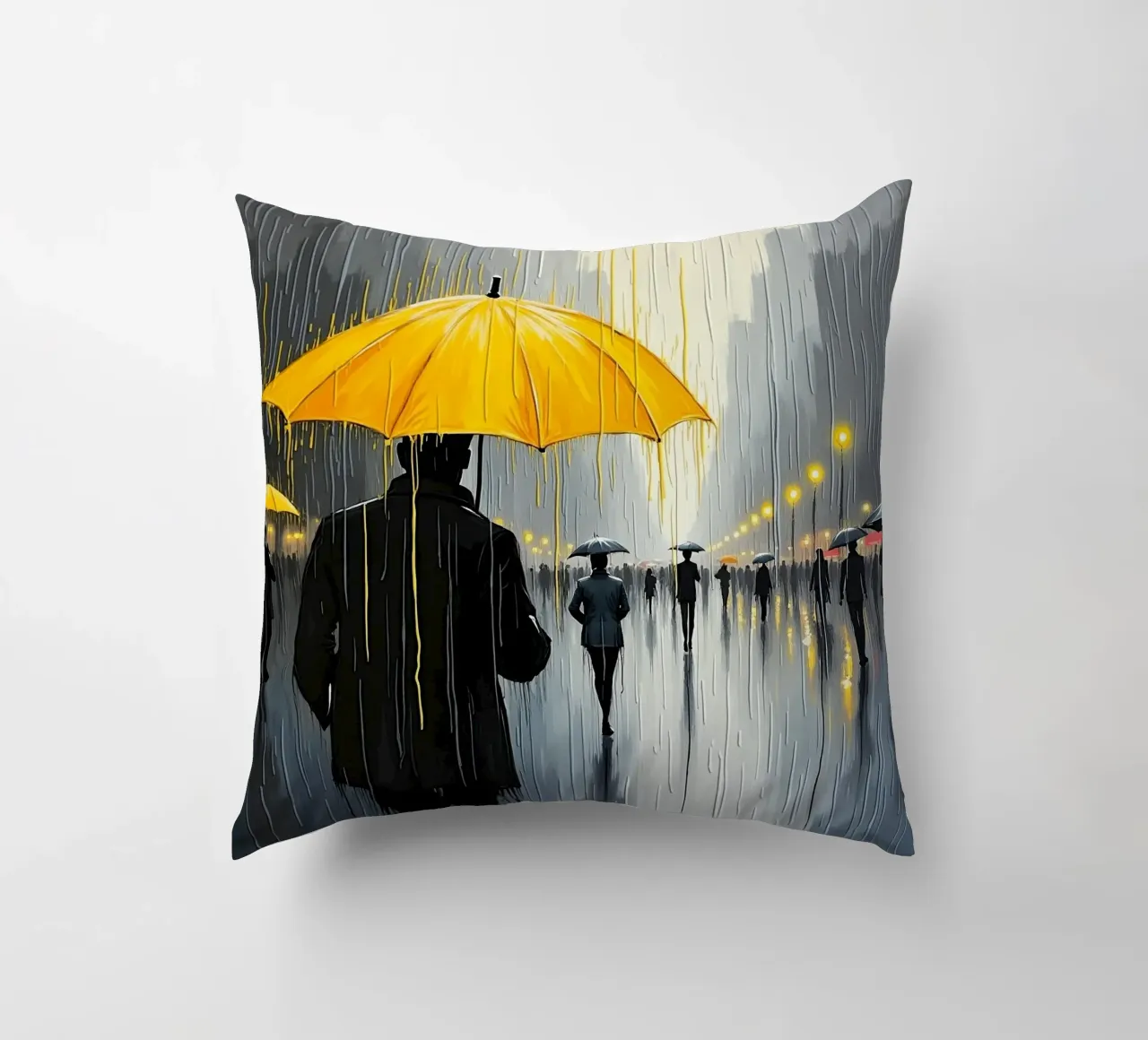 Promenade sous la pluie_parapluie jaune_1 coussin de Fantasie & Mystikwelten by LK