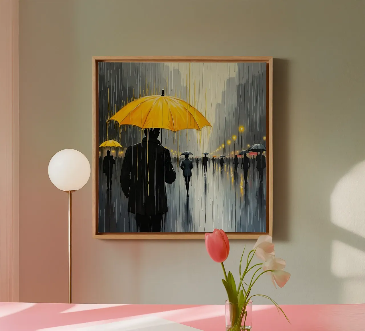 Spaziergang im Regen_Regenschirm gelb_1 Leinwand von Fantasie & Mystikwelten by LK