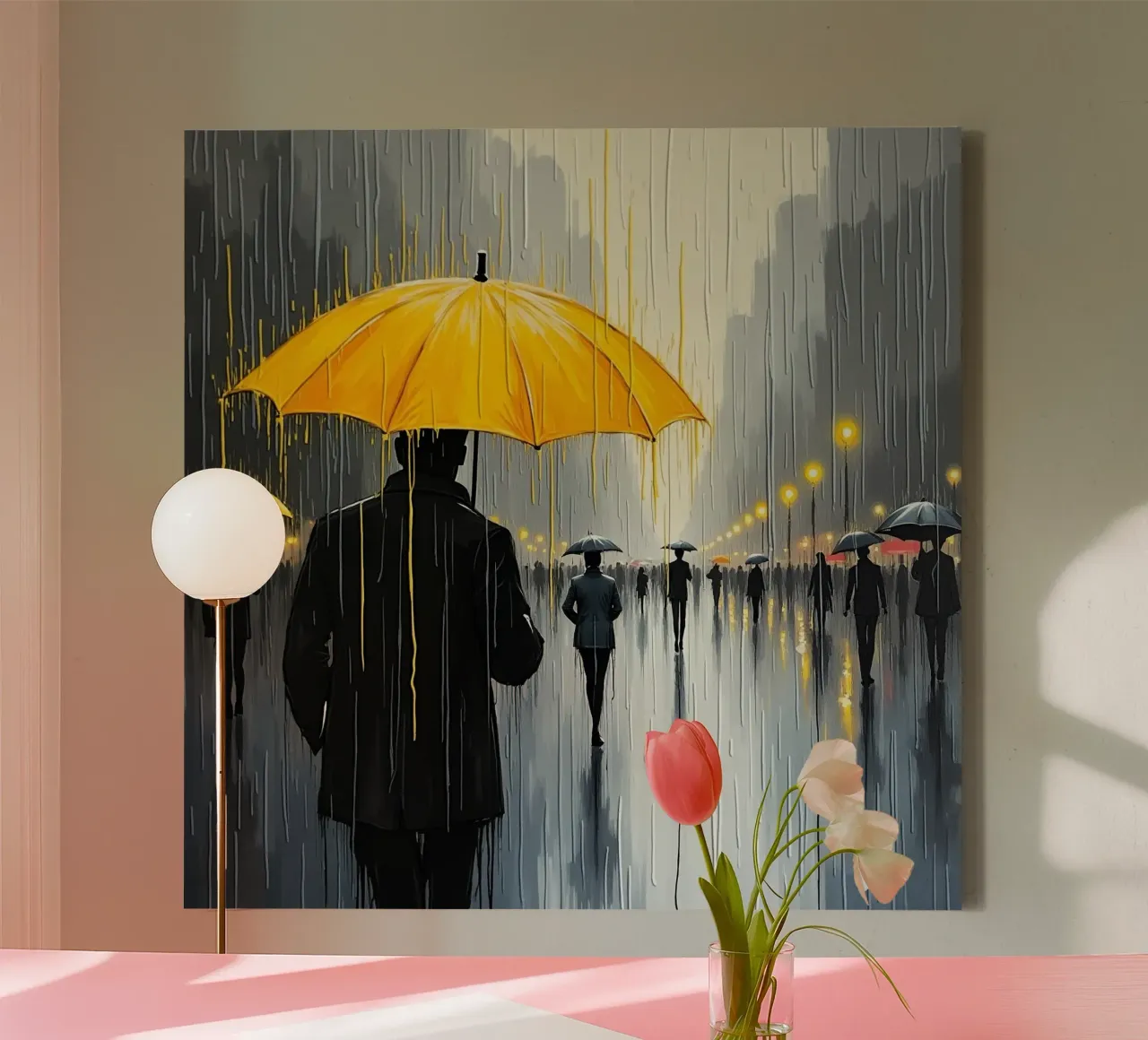 Spaziergang im Regen_Regenschirm gelb_1 Leinwand von Fantasie & Mystikwelten by LK