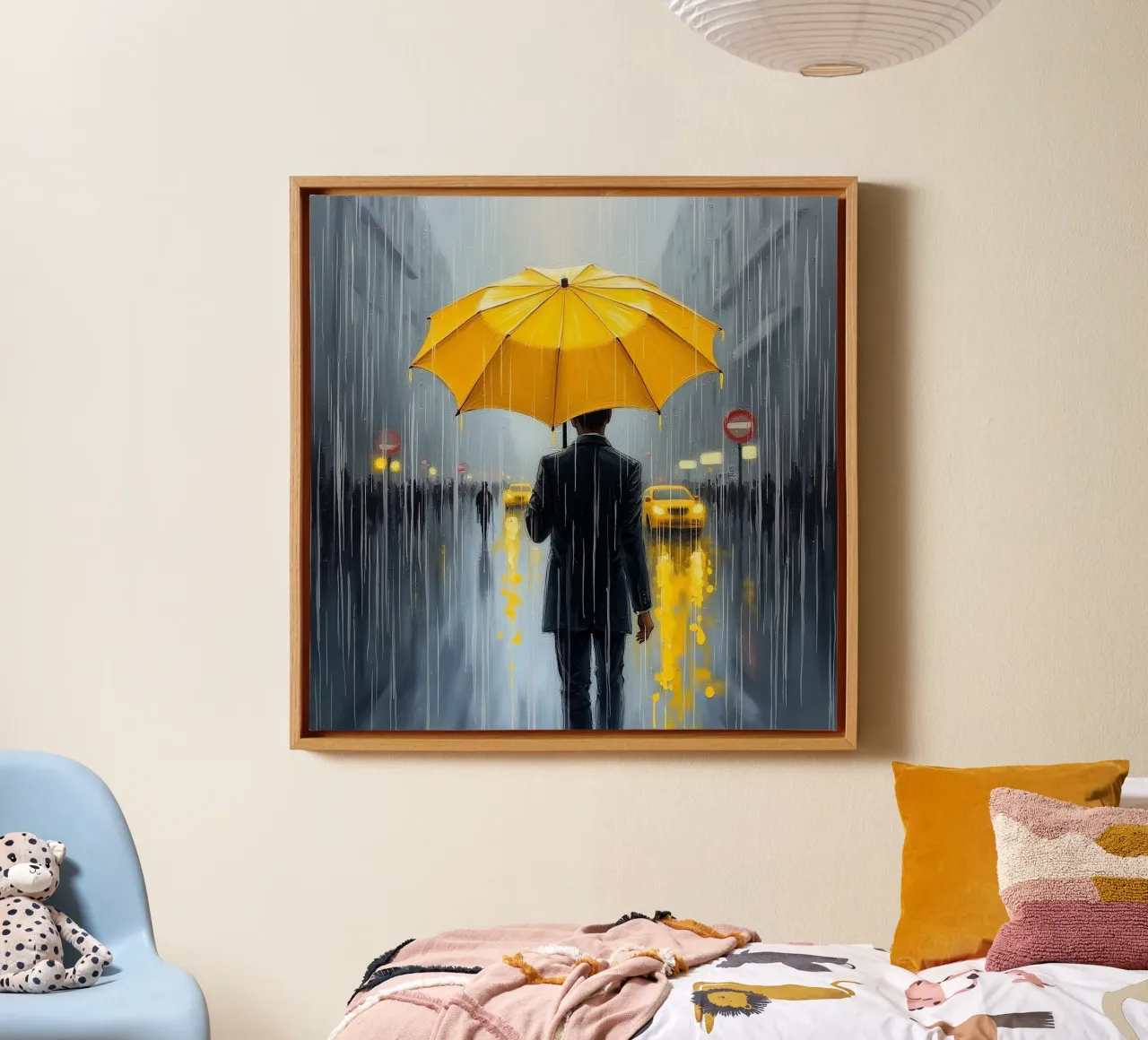 Wandeling in de regen_paraplu geel_2 canvas van Fantasie & Mystikwelten by LK