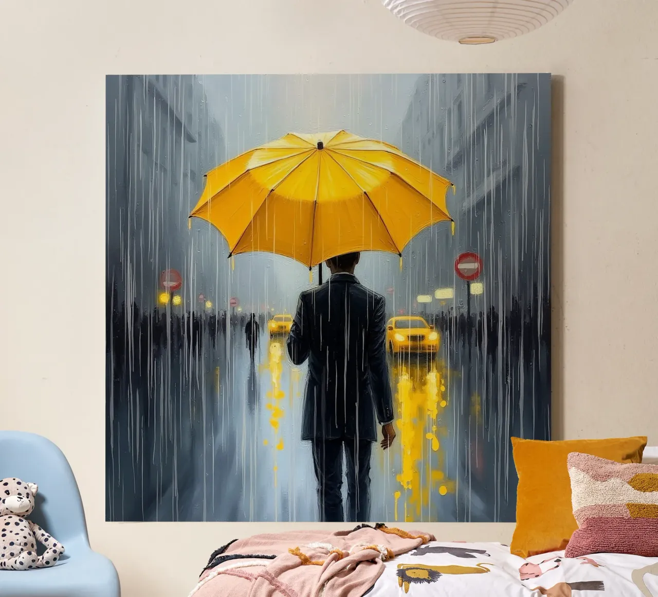 Wandeling in de regen_paraplu geel_2 canvas van Fantasie & Mystikwelten by LK