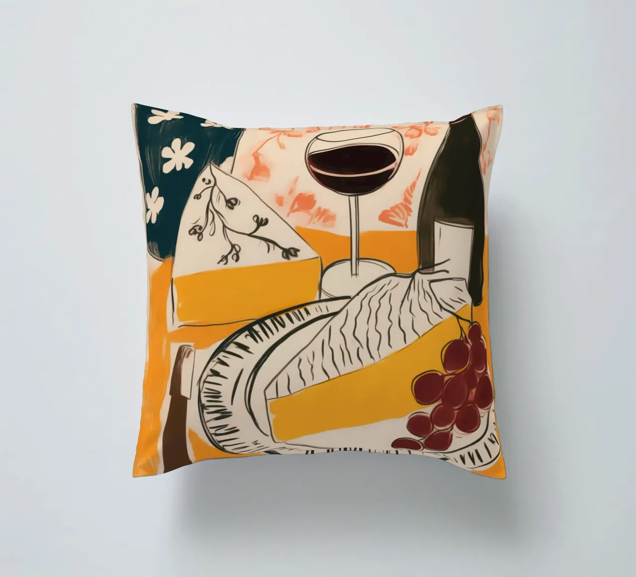 Natura morta francese con vino, uva e formaggio cuscino da Autofocus