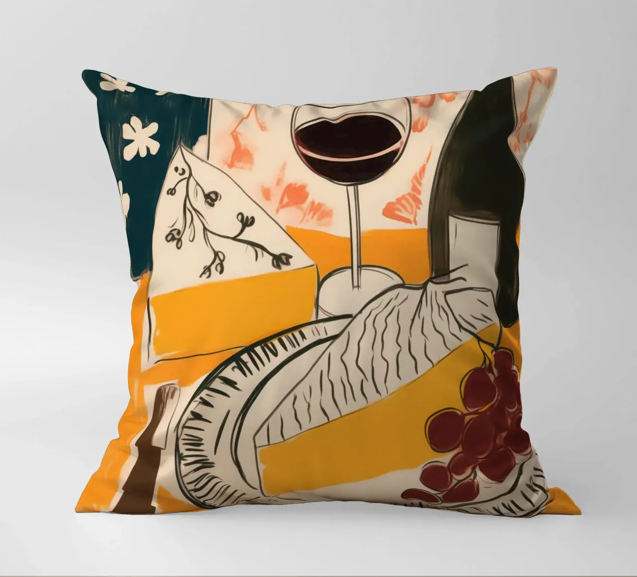 Natura morta francese con vino, uva e formaggio cuscino da Autofocus