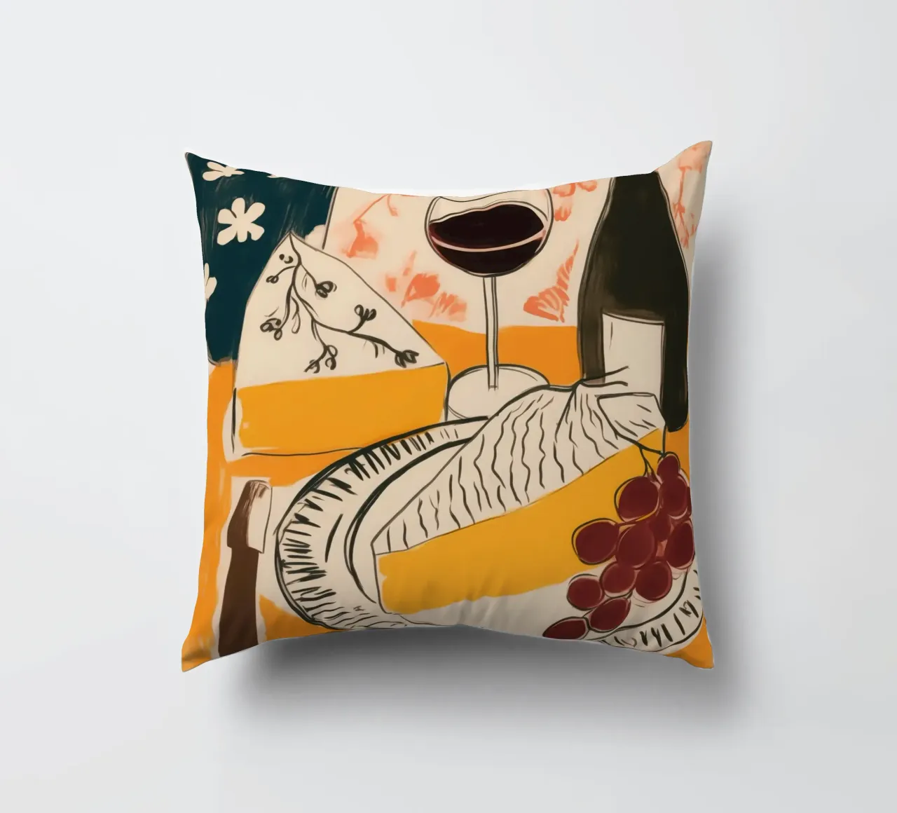 Natura morta francese con vino, uva e formaggio cuscino da Autofocus