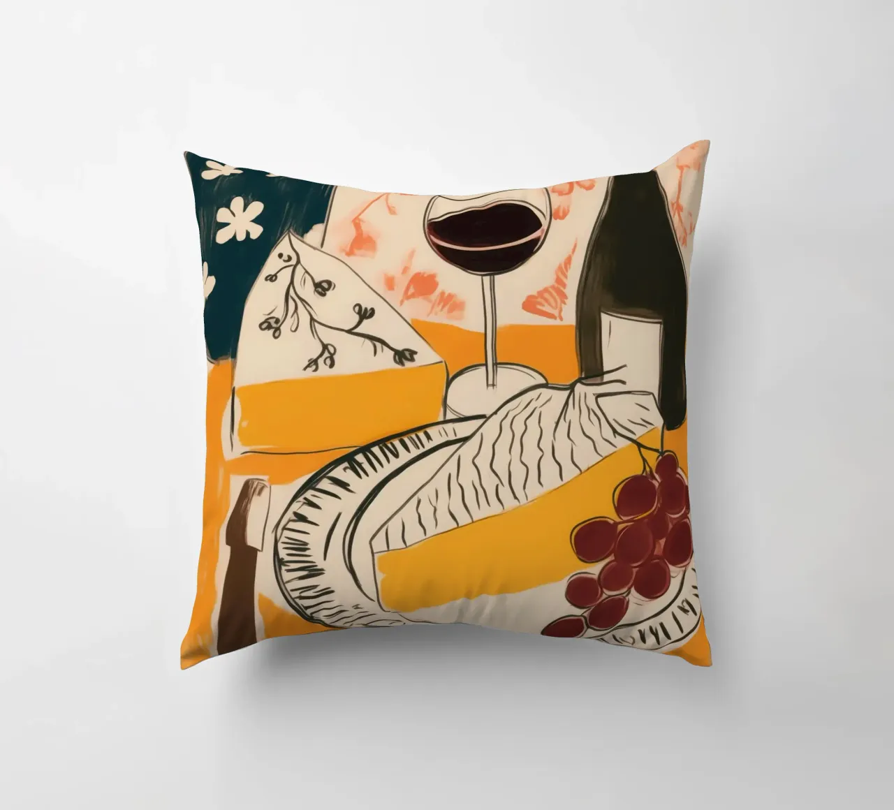 Natura morta francese con vino, uva e formaggio cuscino da Autofocus