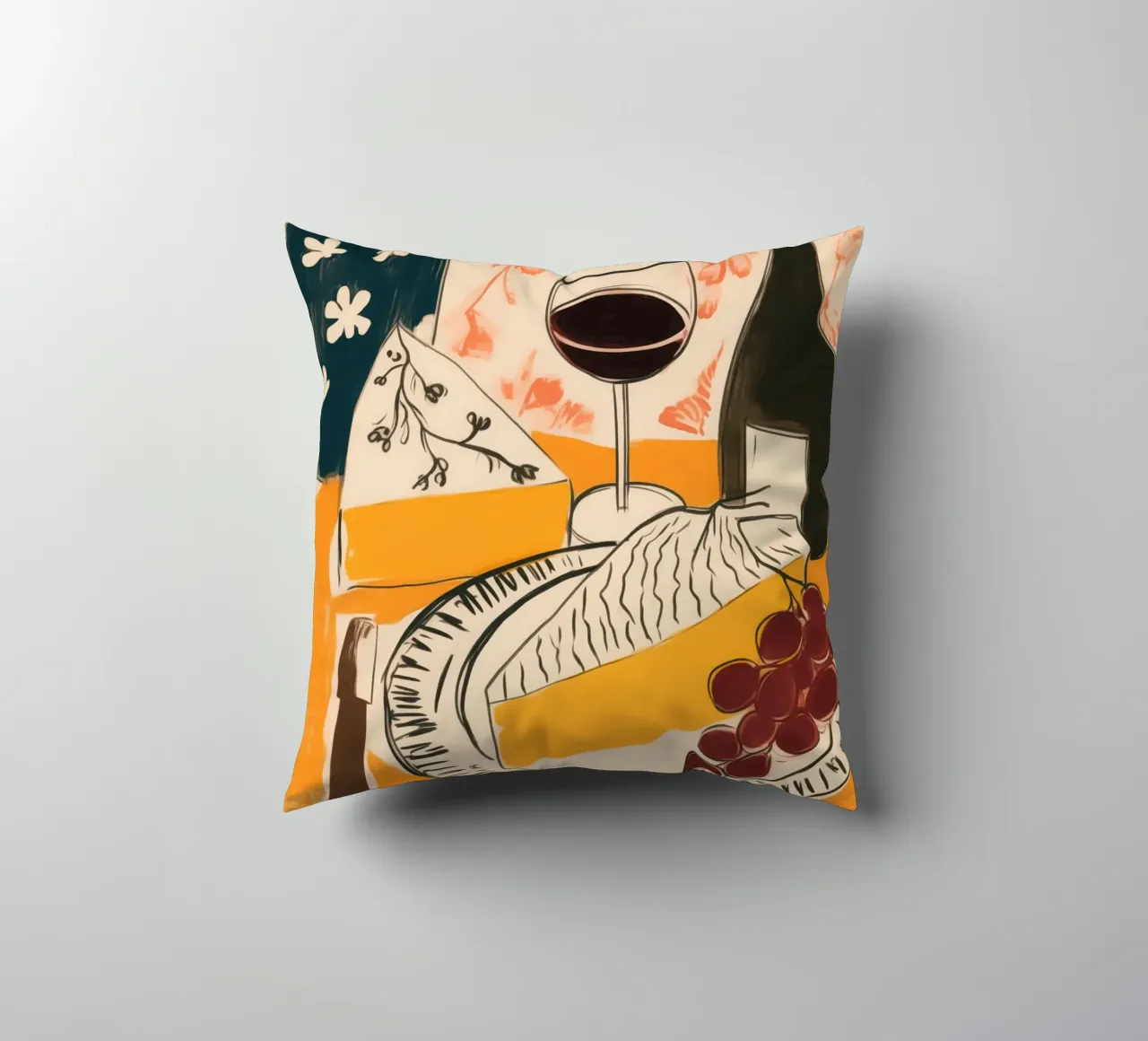 Natura morta francese con vino, uva e formaggio cuscino da Autofocus