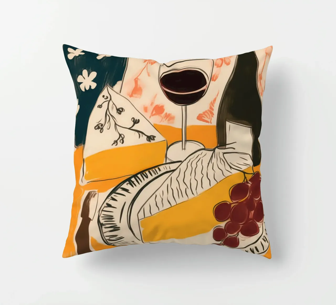 Natura morta francese con vino, uva e formaggio cuscino da Autofocus