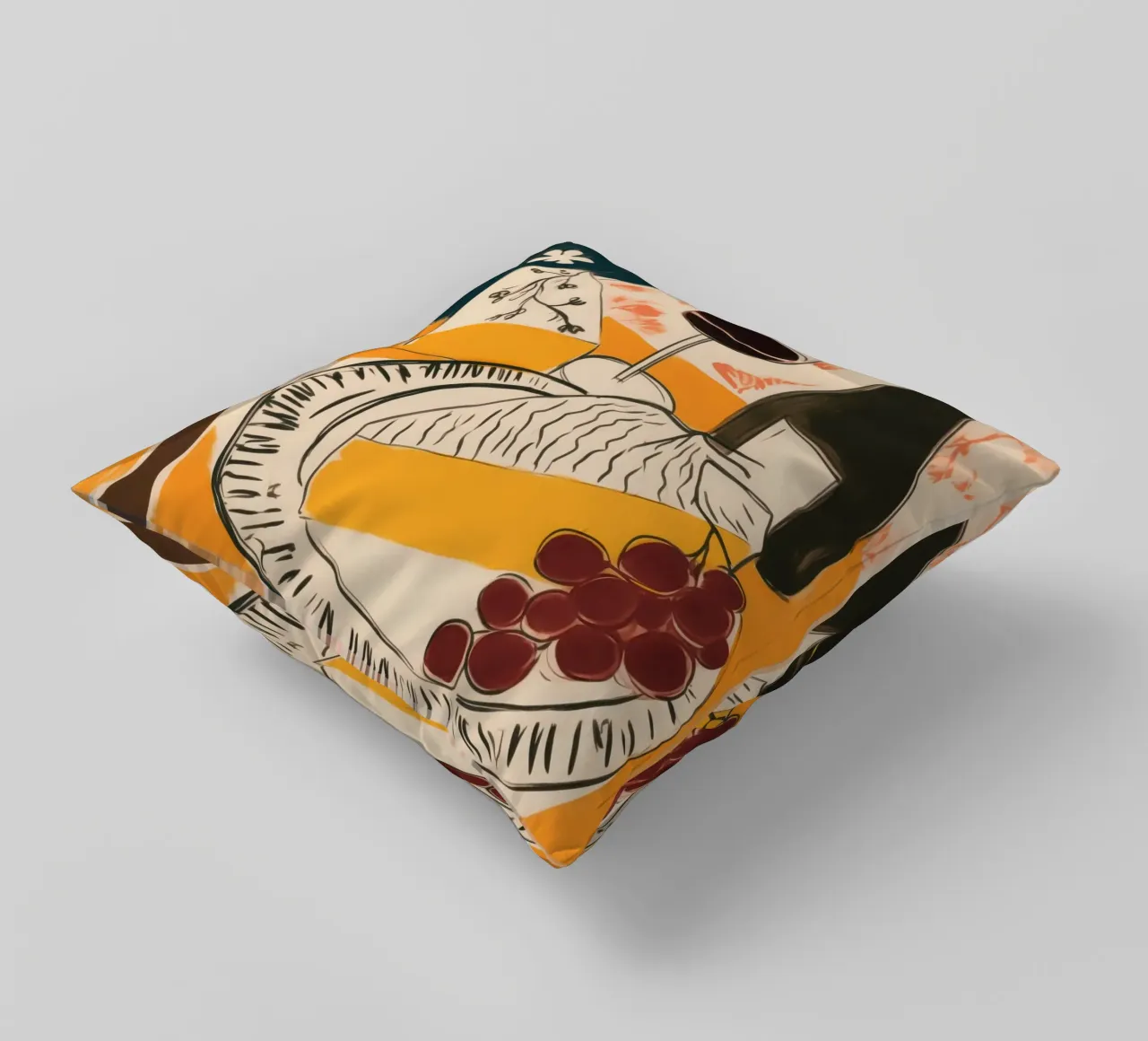 Natura morta francese con vino, uva e formaggio cuscino da Autofocus