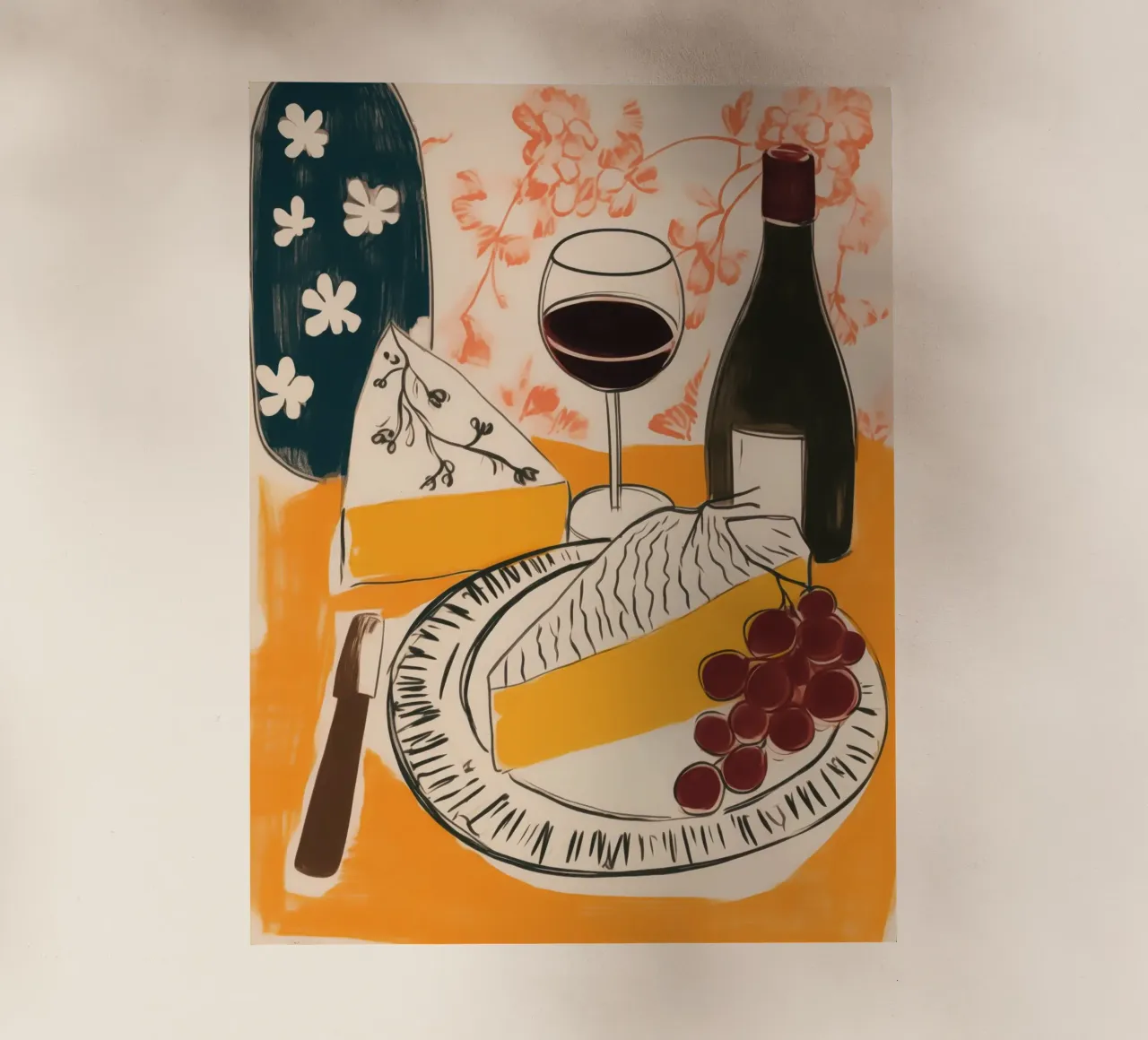 Natura morta francese con vino, uva e formaggio pellicola backlit da Autofocus