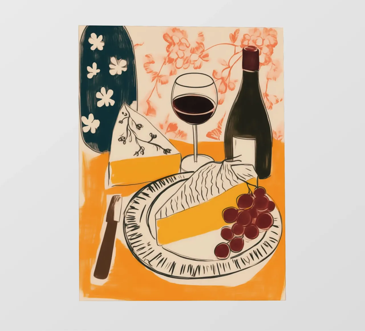 Natura morta francese con vino, uva e formaggio pellicola backlit da Autofocus