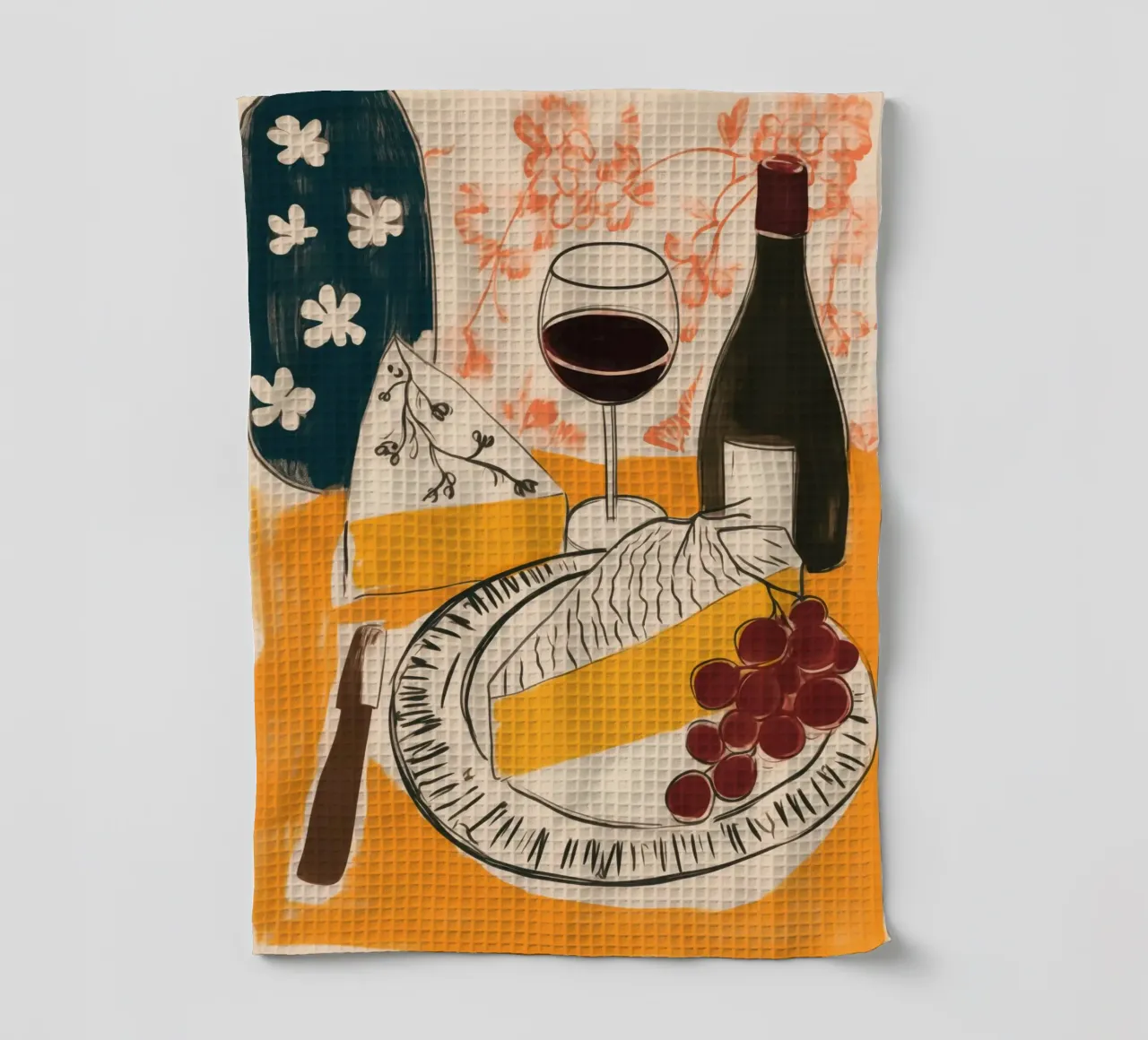 Natura morta francese con vino, uva e formaggio canovaccio da cucina da Autofocus