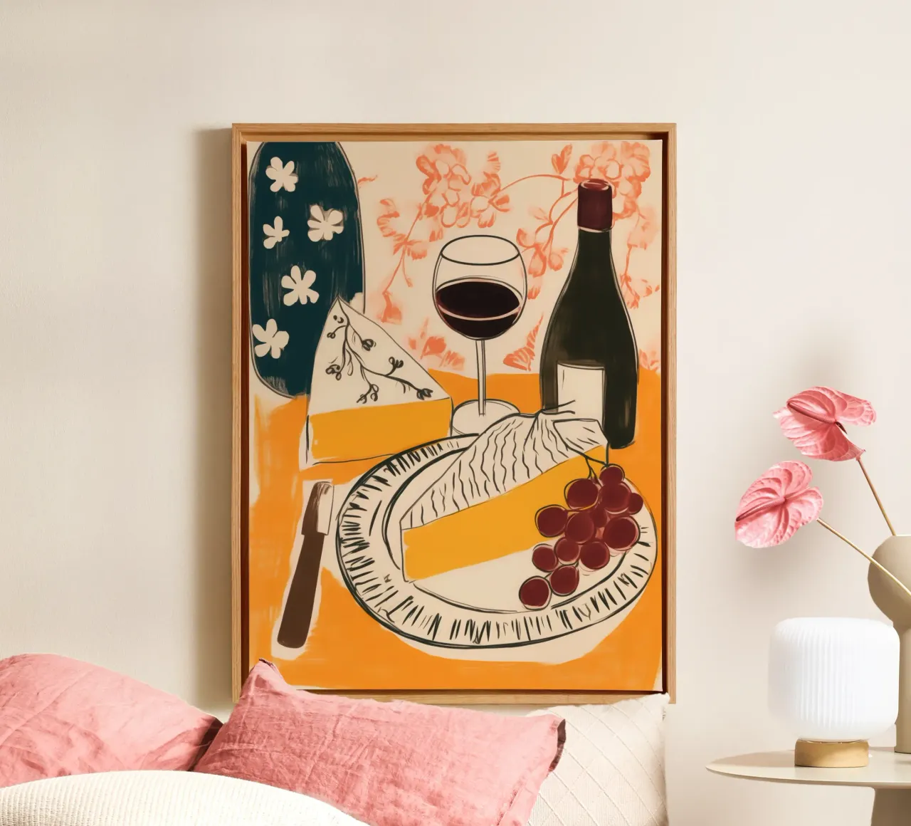 Natura morta francese con vino, uva e formaggio tela da Autofocus