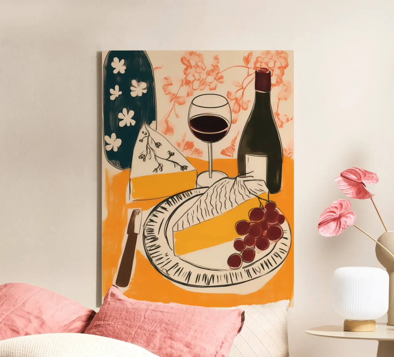 Natura morta francese con vino, uva e formaggio tela da Autofocus