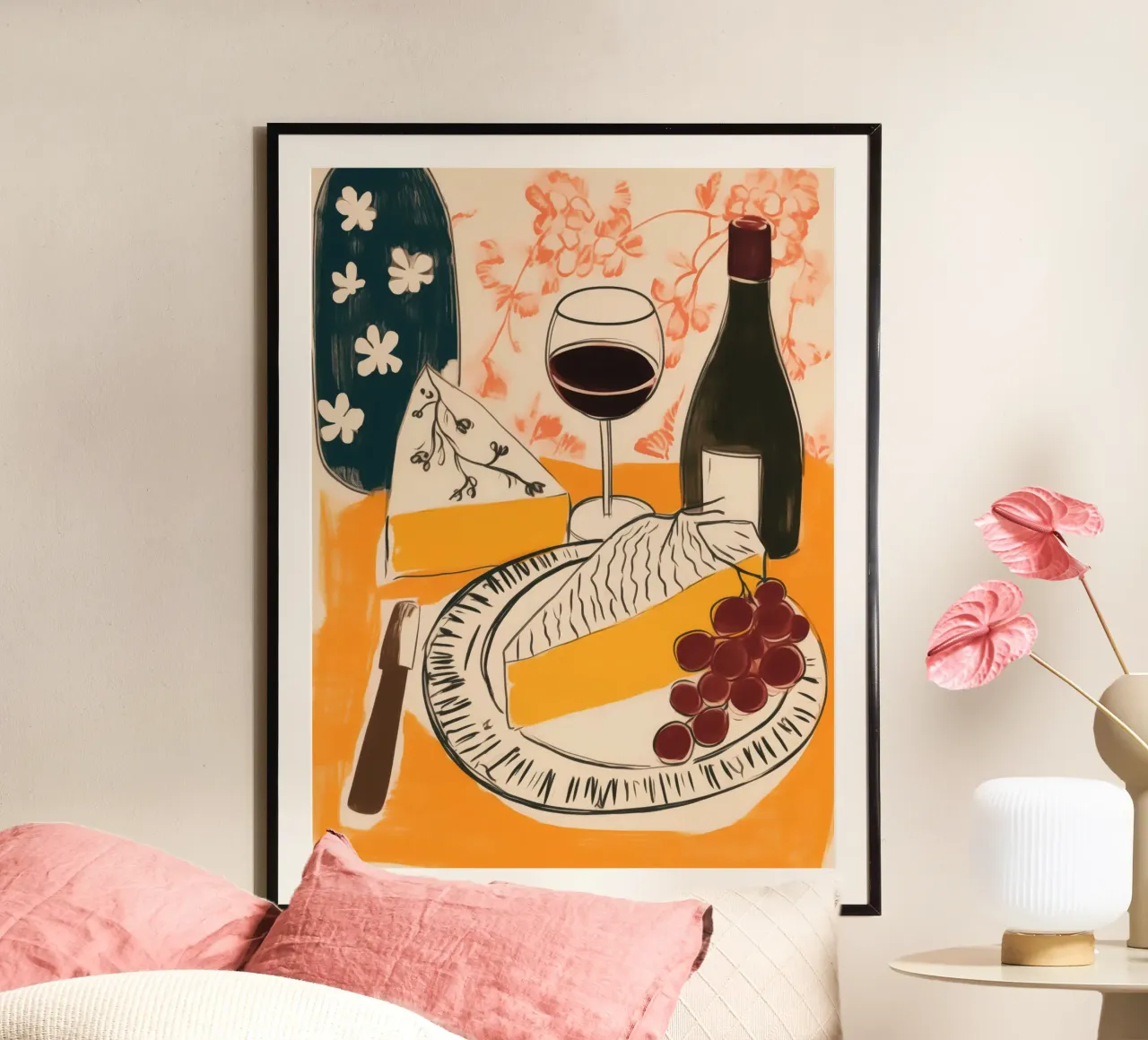 Natura morta francese con vino, uva e formaggio carta hahnemühle da Autofocus