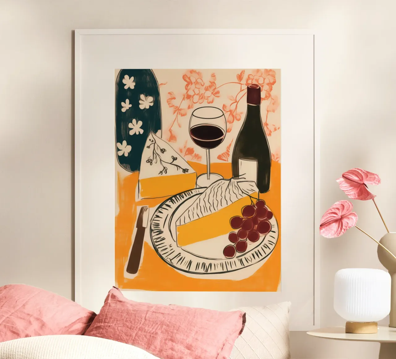 Natura morta francese con vino, uva e formaggio carta hahnemühle da Autofocus