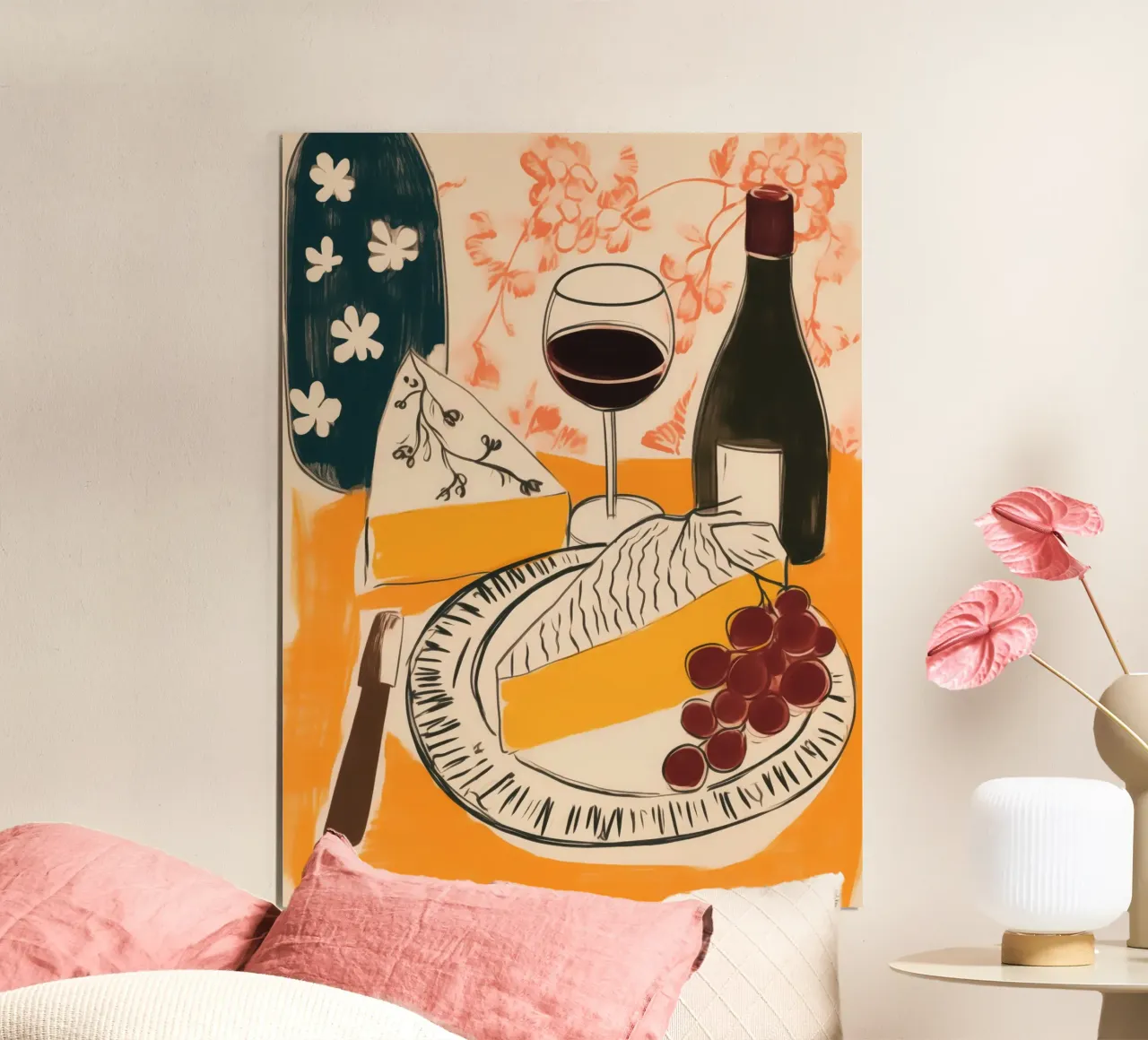 Natura morta francese con vino, uva e formaggio carta hahnemühle da Autofocus