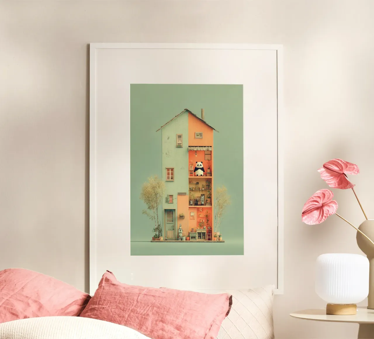 Panda's Tiny Home poster con telaio in legno da wonderfolk