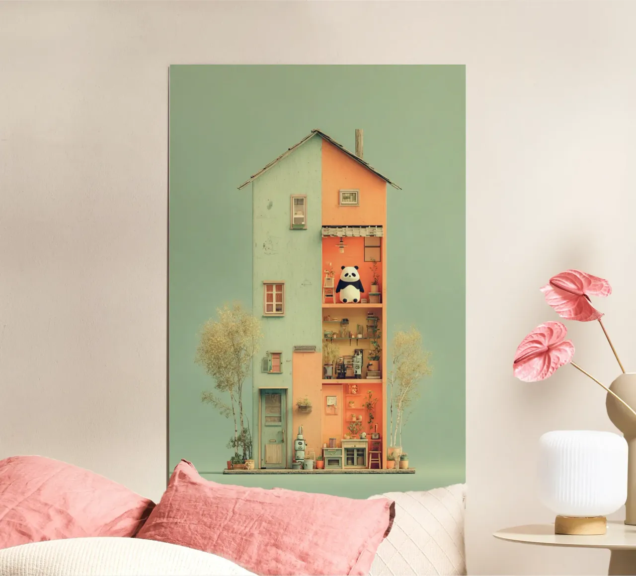 Panda's Tiny Home poster con telaio in legno da wonderfolk