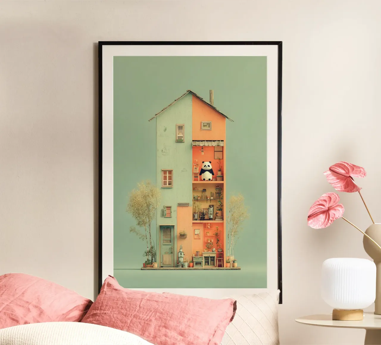 Panda's Tiny Home poster con telaio in legno da wonderfolk