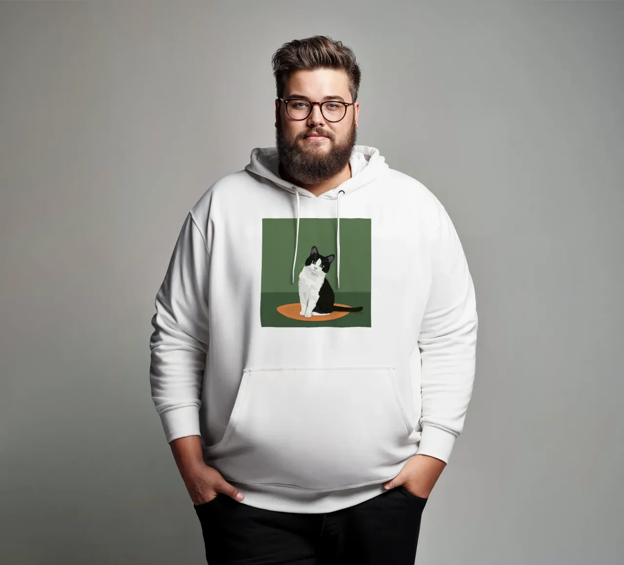 Gatto Tuxedo in posa felpa con cappuccio da Solace Light