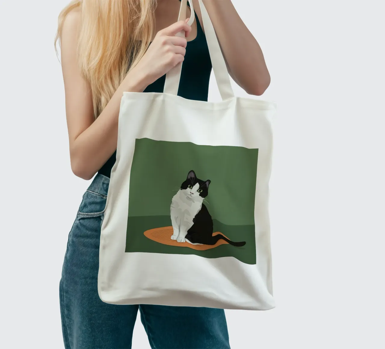 Gatto Tuxedo in posa borsa in juta da Solace Light