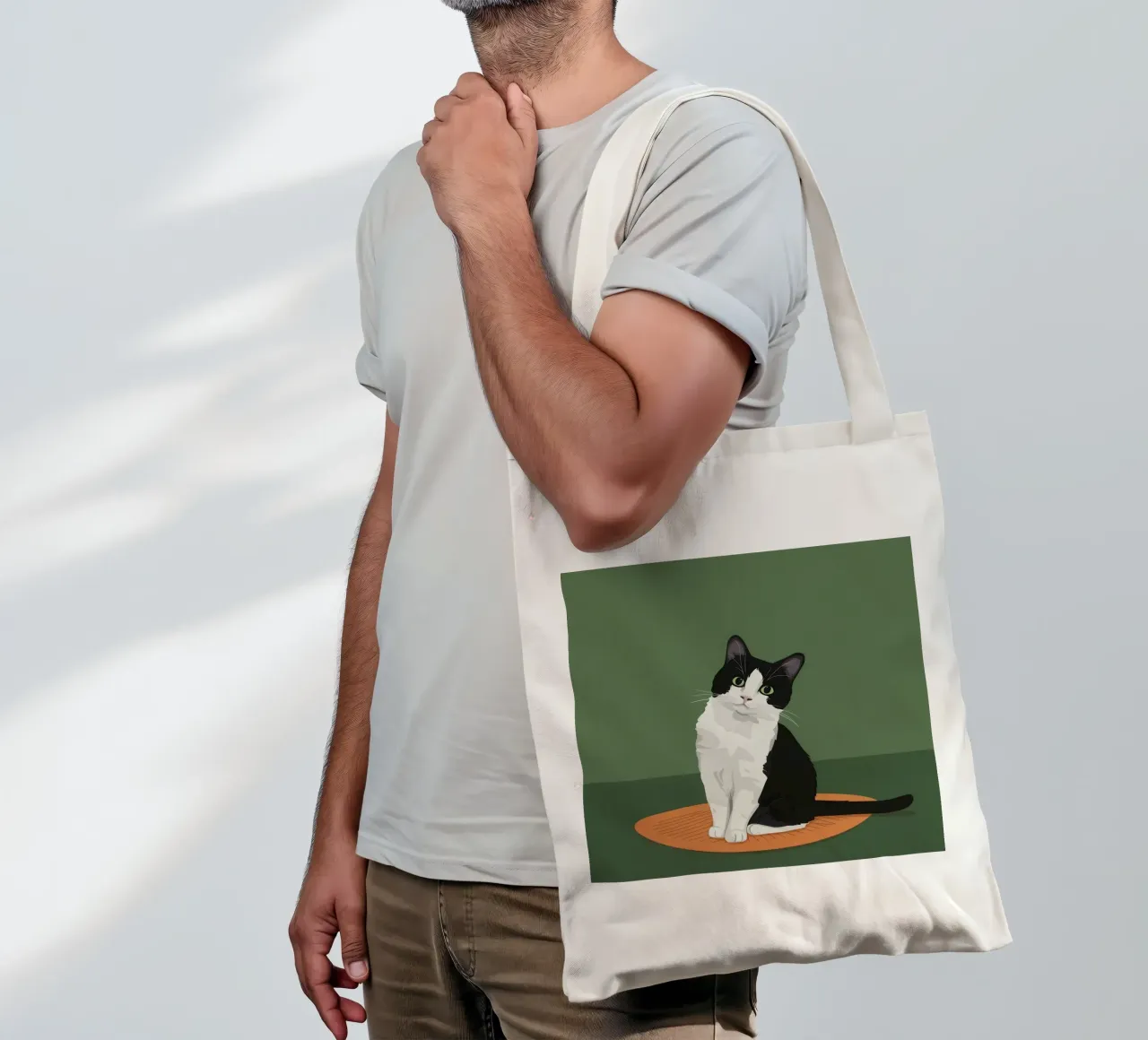 Gatto Tuxedo in posa borsa in juta da Solace Light