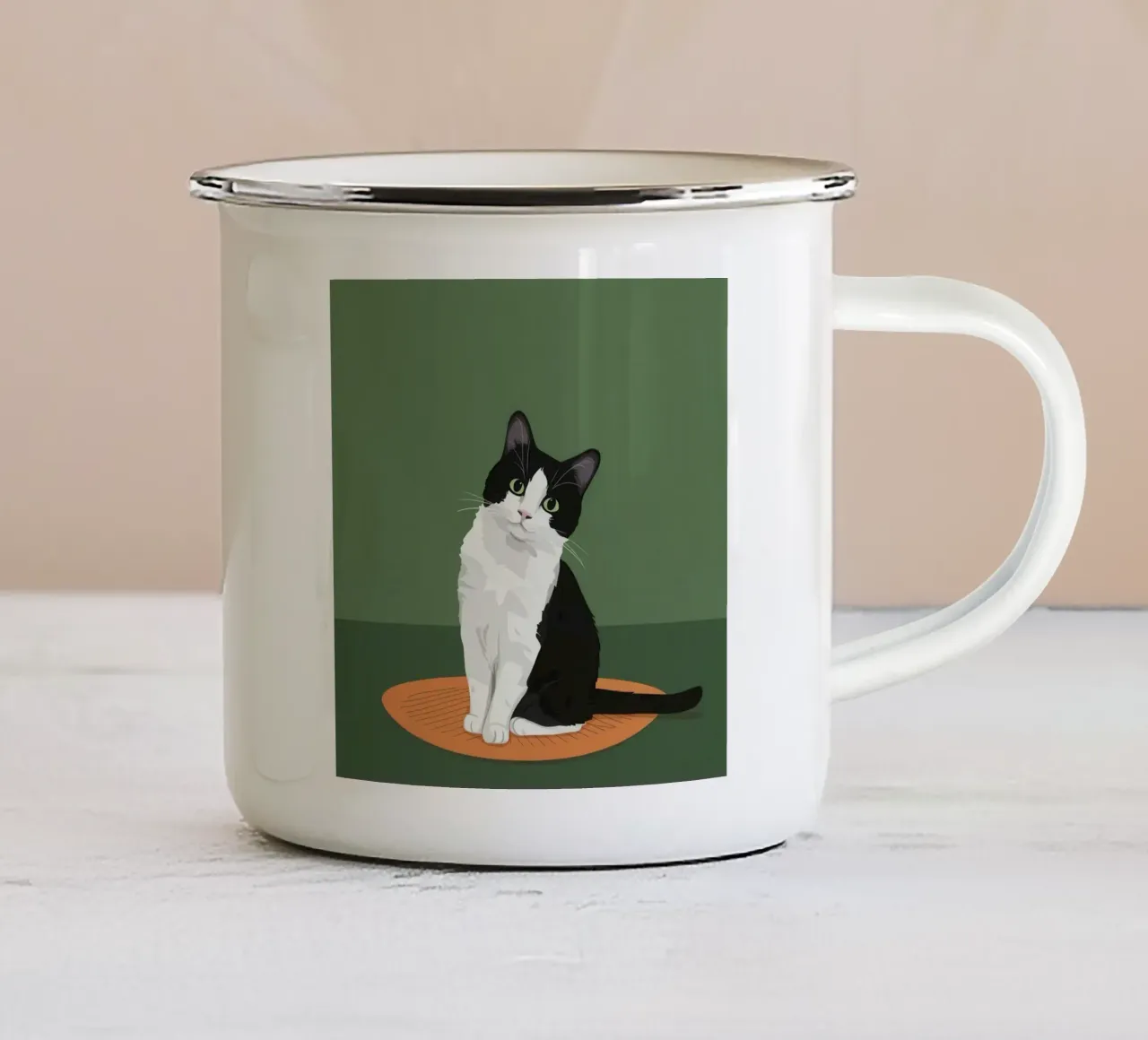 Gatto Tuxedo in posa tazza in smalto da Solace Light