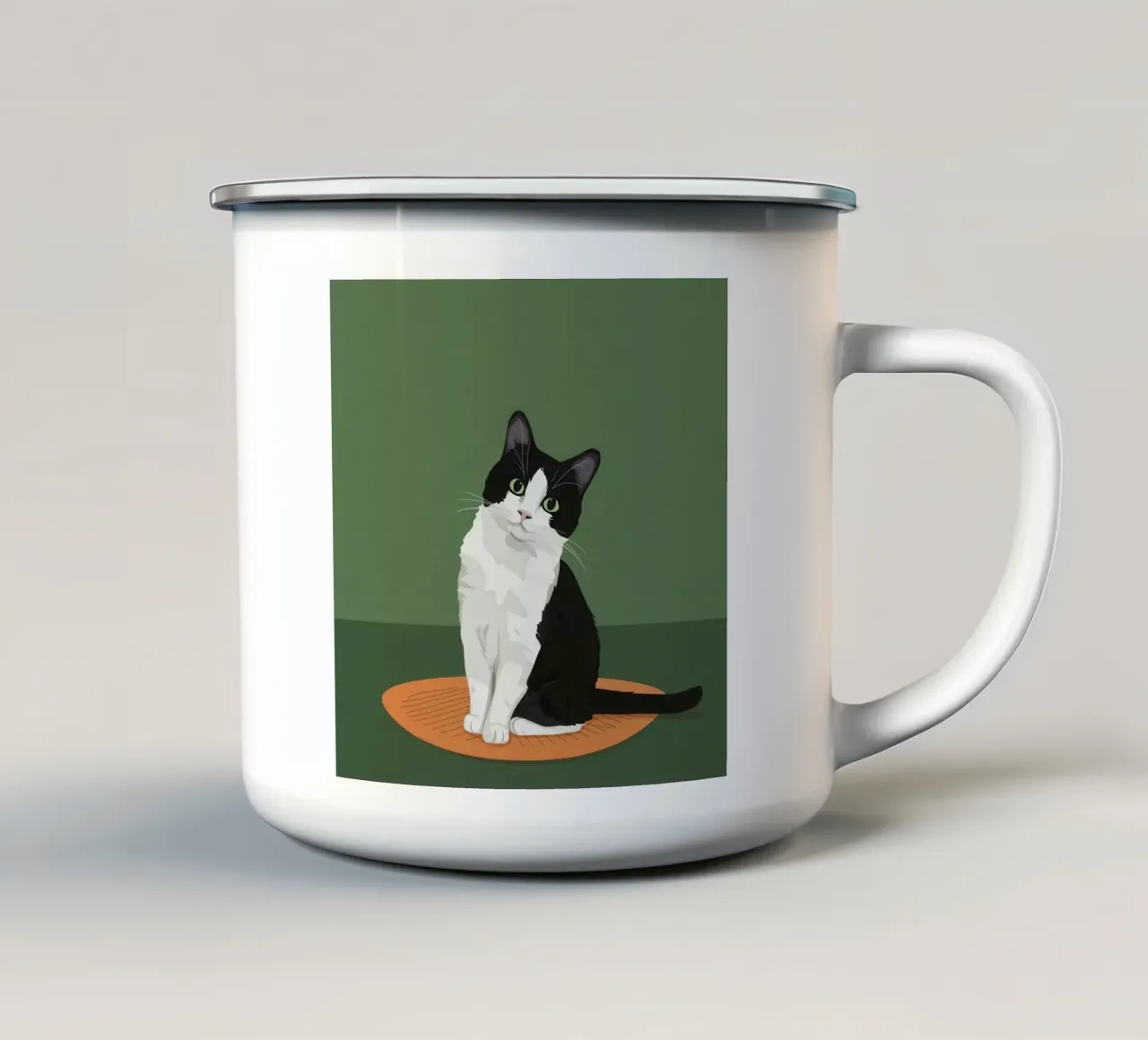 Gatto Tuxedo in posa tazza in smalto da Solace Light