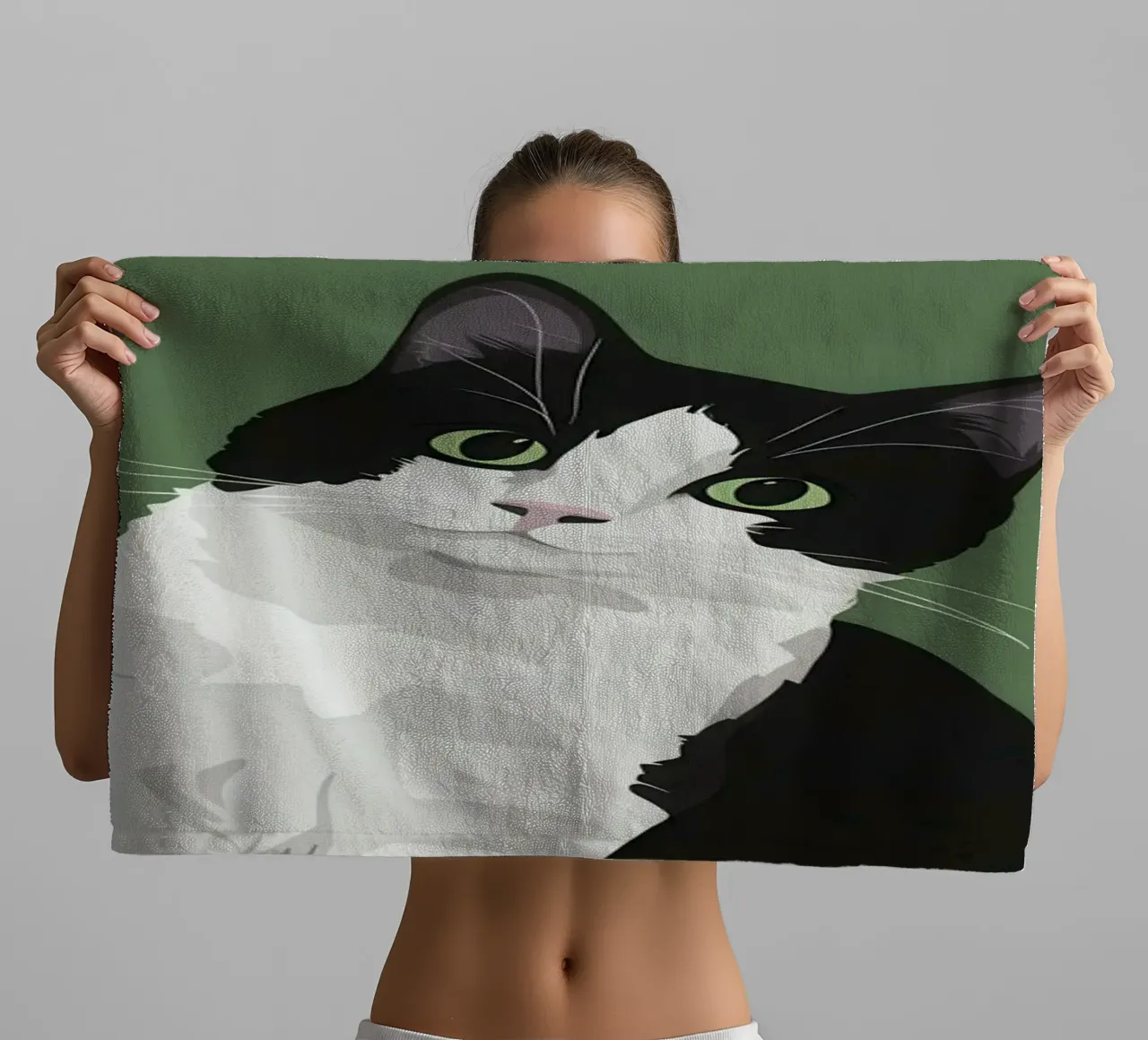 Poised Tuxedo Cat towel by Solace Light