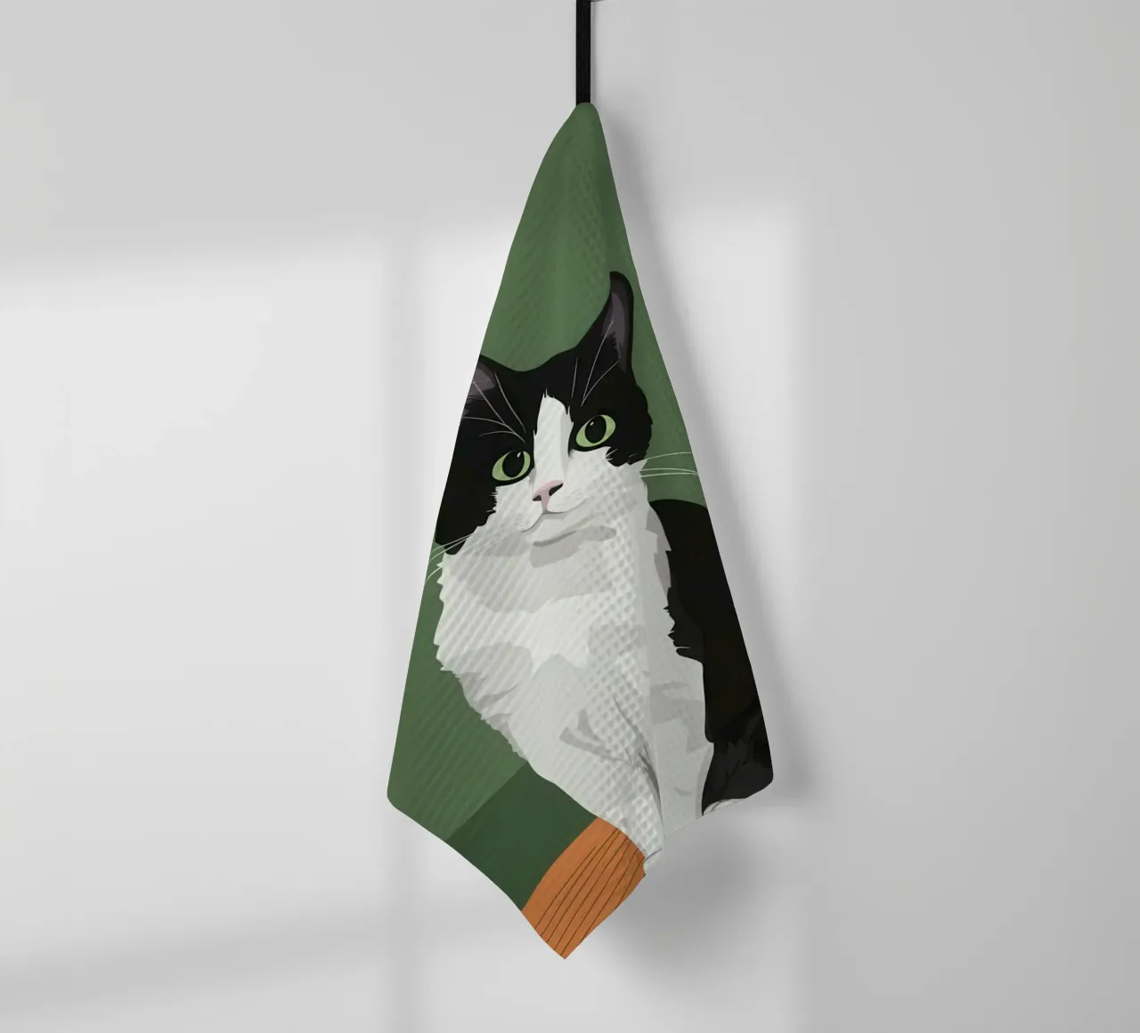 Gatto Tuxedo in posa canovaccio da cucina da Solace Light