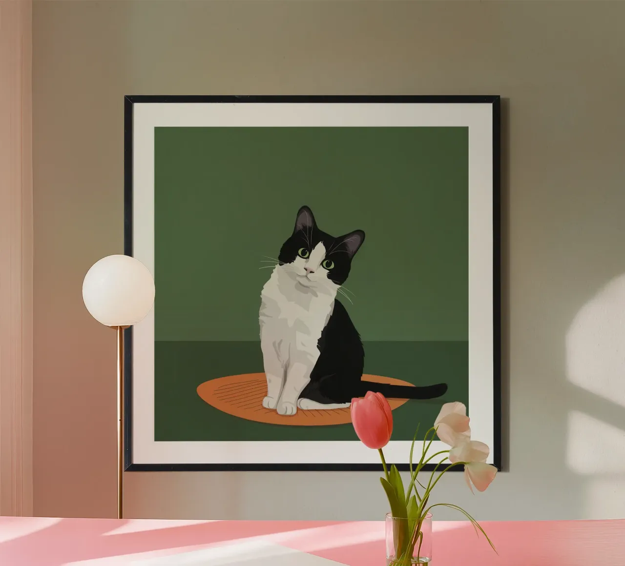 Gatto Tuxedo in posa poster con telaio in alluminio da Solace Light