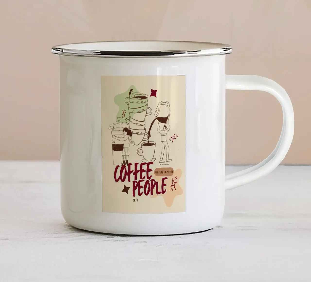 Le persone che bevono il caffè fanno cose importanti tazza in smalto da Taika Tori Art