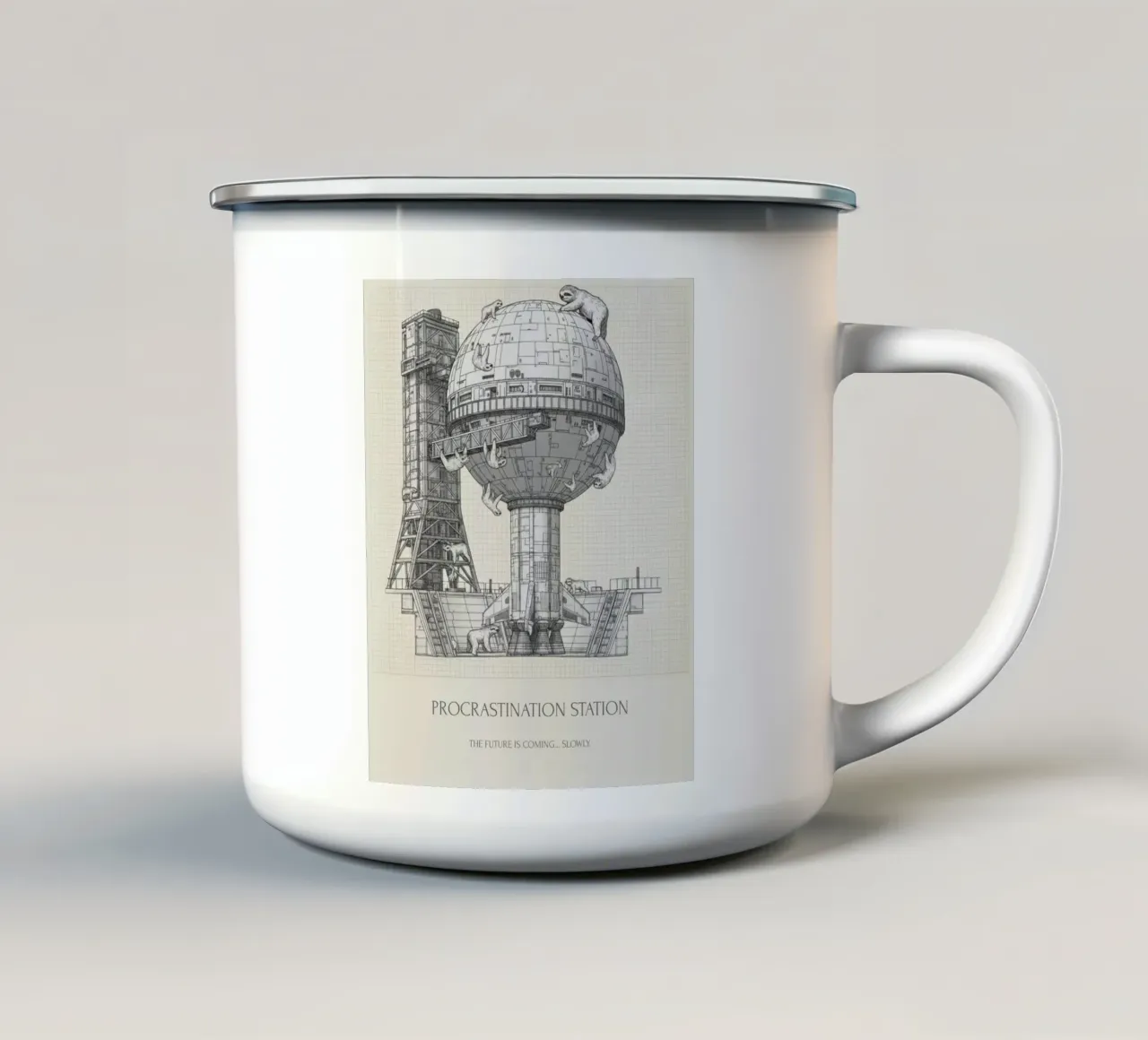 Procrastination Station. The Future is coming...    slowly. tazza in smalto da ZEN VACATION