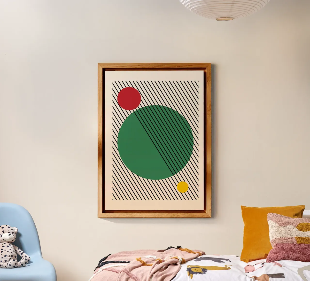 Poster abstrait géométrique circulaire Vert Rouge Jaune Noir Lin alu dibond de Grungeo