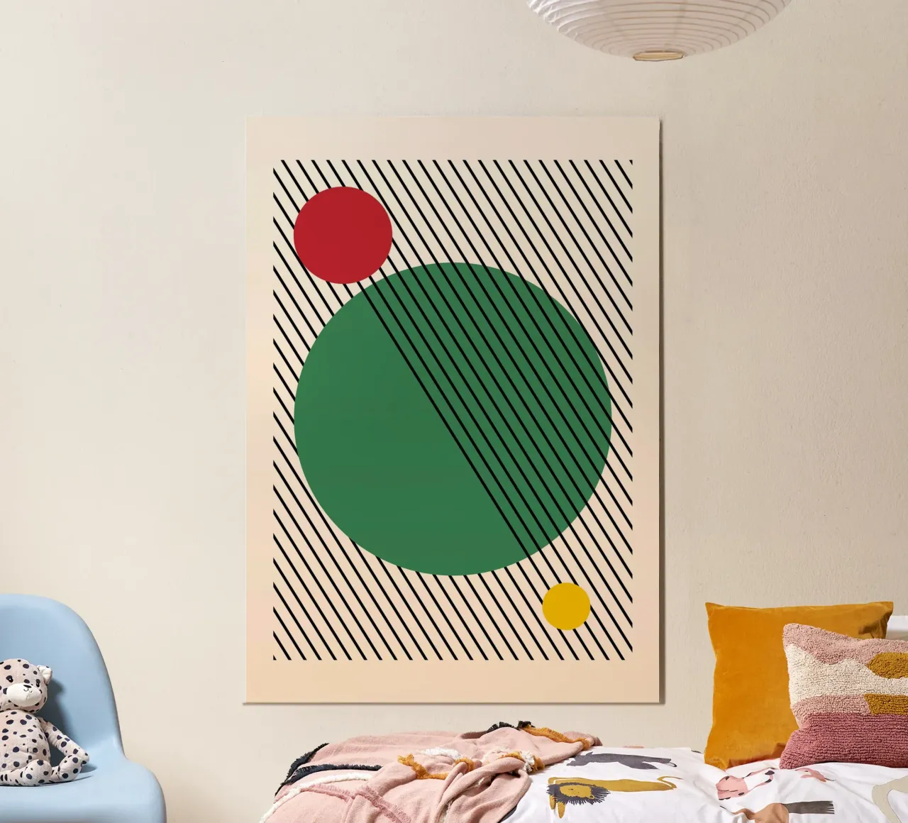 Poster abstrait géométrique circulaire Vert Rouge Jaune Noir Lin hahnemühle de Grungeo