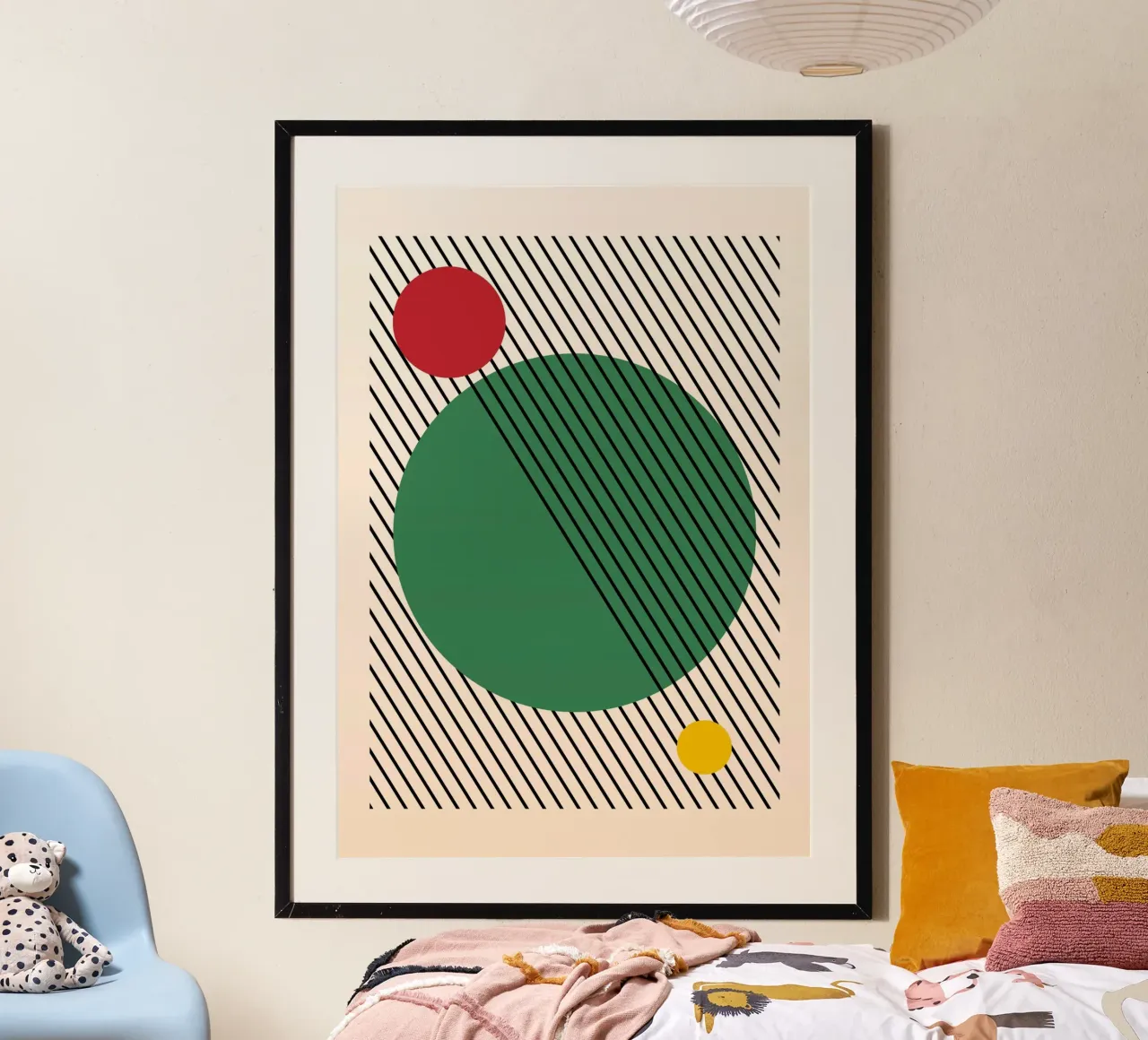 Poster abstrait géométrique circulaire Vert Rouge Jaune Noir Lin hahnemühle de Grungeo
