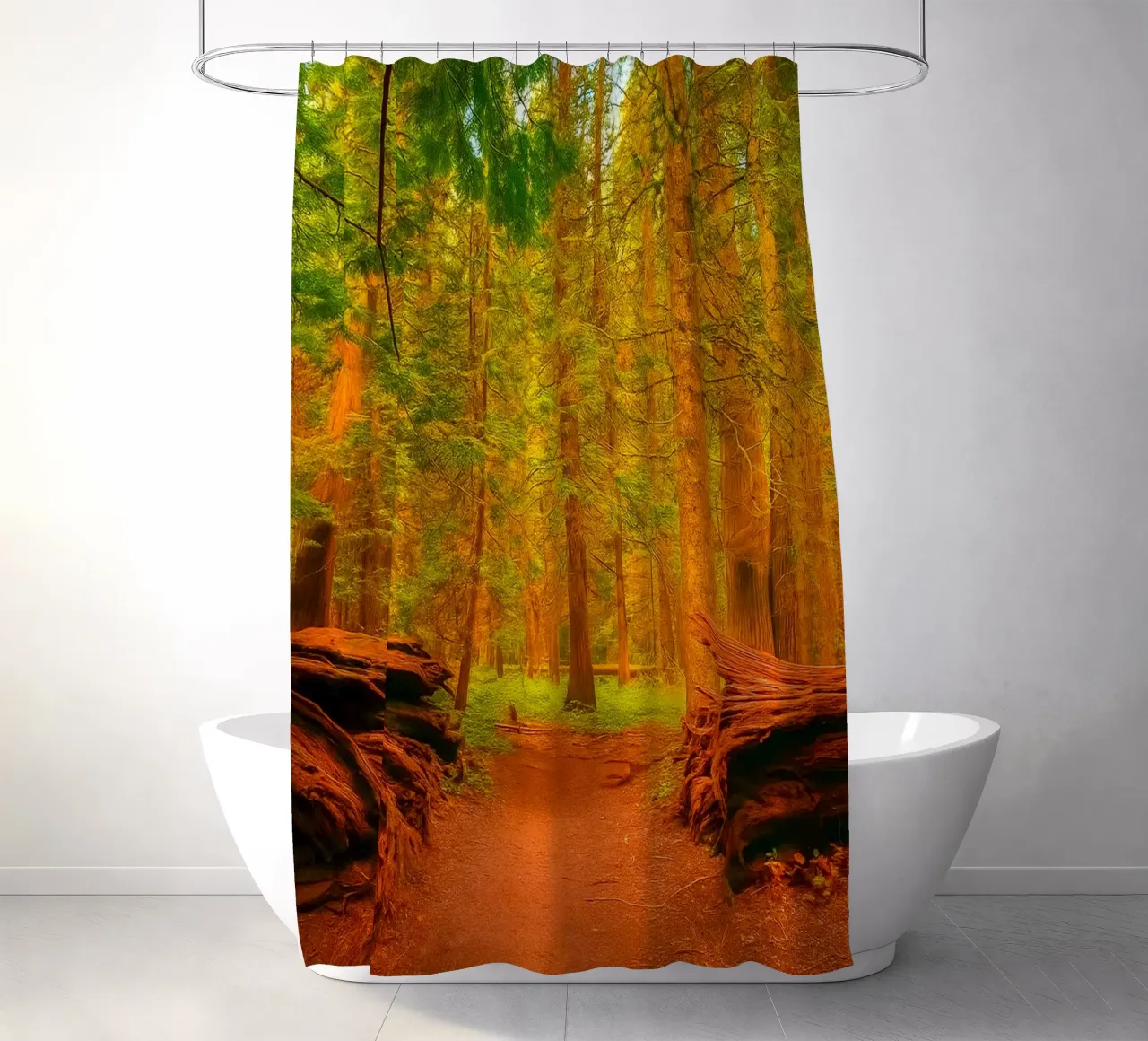 umgestürzter Baum im Wald in zwei Teile gespalten Duschvorhang von PASMING