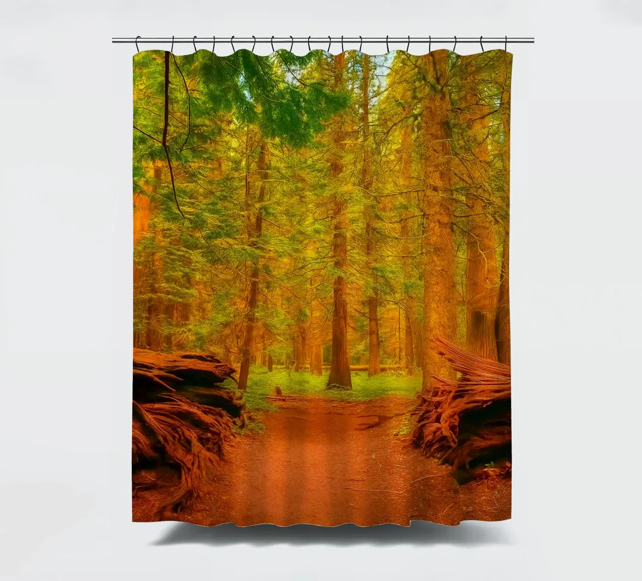 umgestürzter Baum im Wald in zwei Teile gespalten Duschvorhang von PASMING