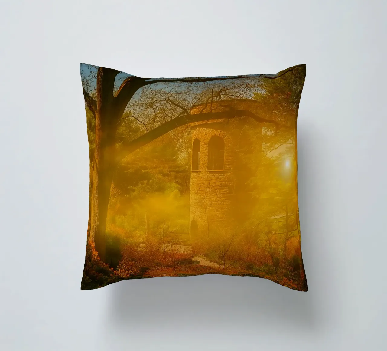 old building in the middle of the forest decorative cushion by PASMING