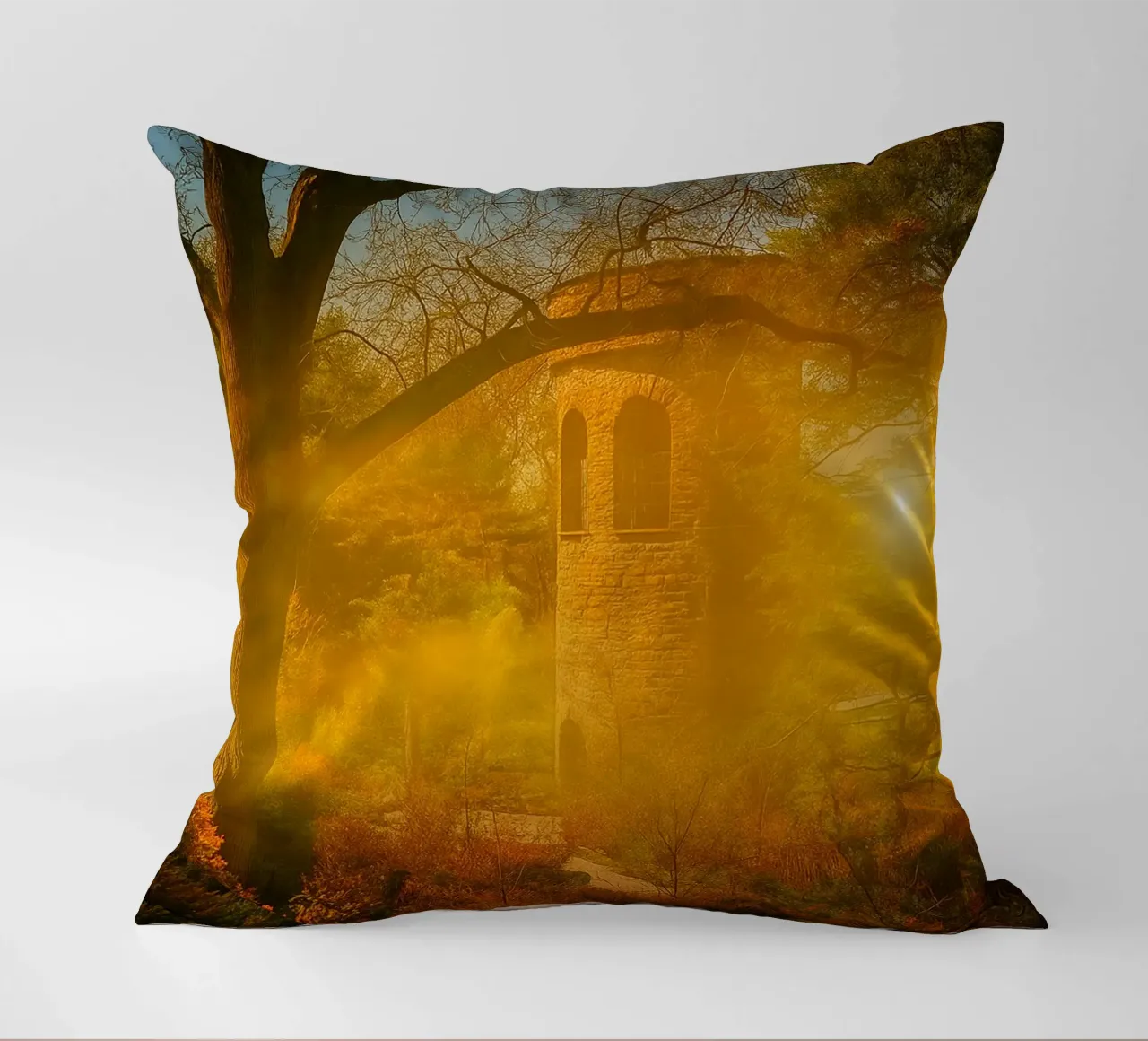 old building in the middle of the forest decorative cushion by PASMING
